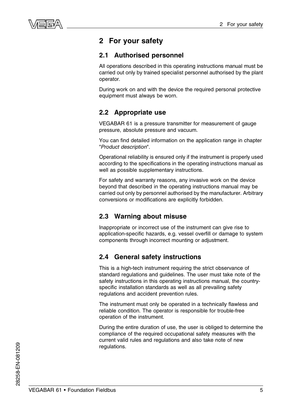 2 for your safety, 1 authorised personnel, 2 appropriate use | 3 warning about misuse, 4 general safety instructions | VEGA VEGABAR 61 Foundation Fieldbus User Manual | Page 5 / 84