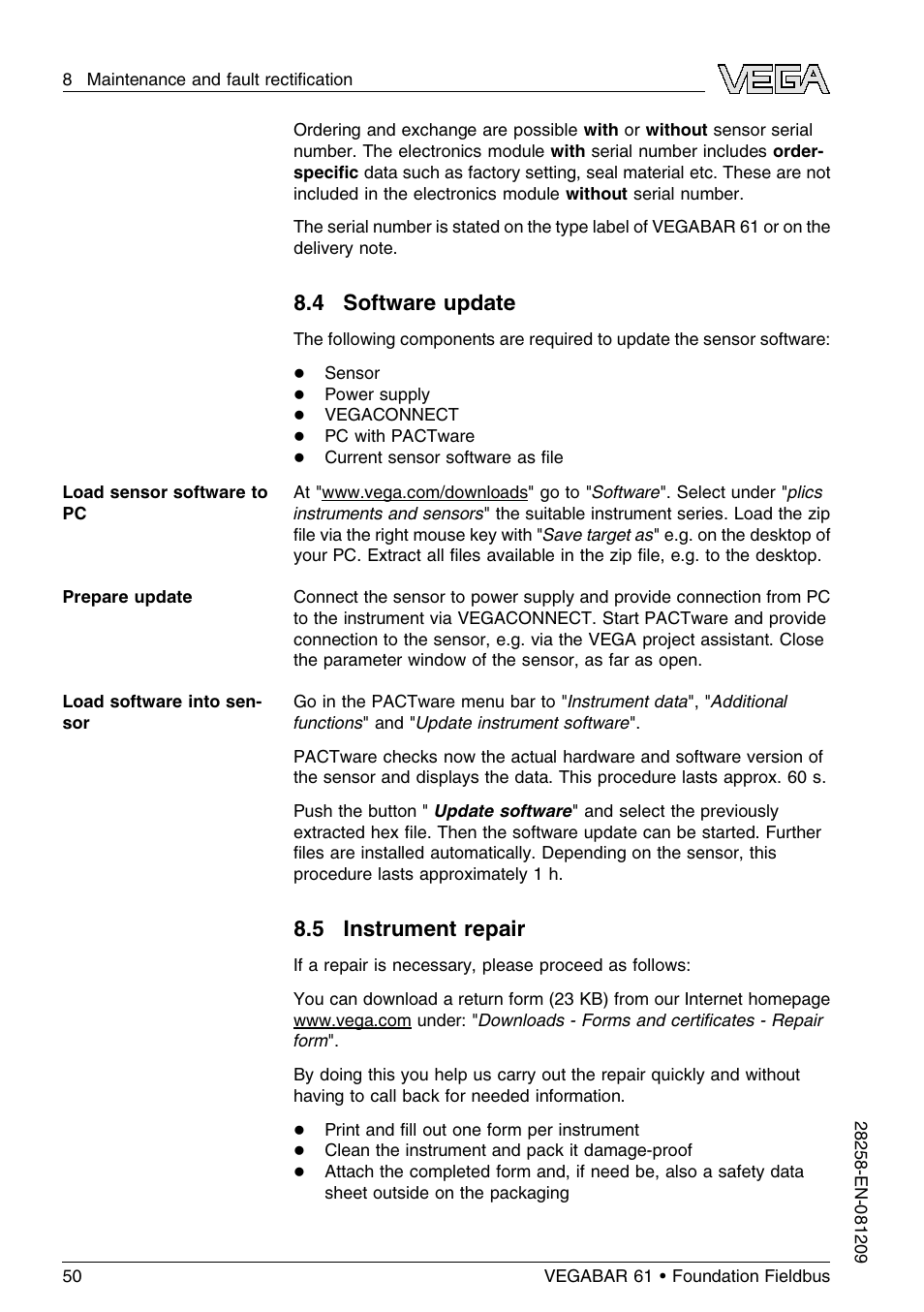 4 software update, 5 instrument repair | VEGA VEGABAR 61 Foundation Fieldbus User Manual | Page 50 / 84