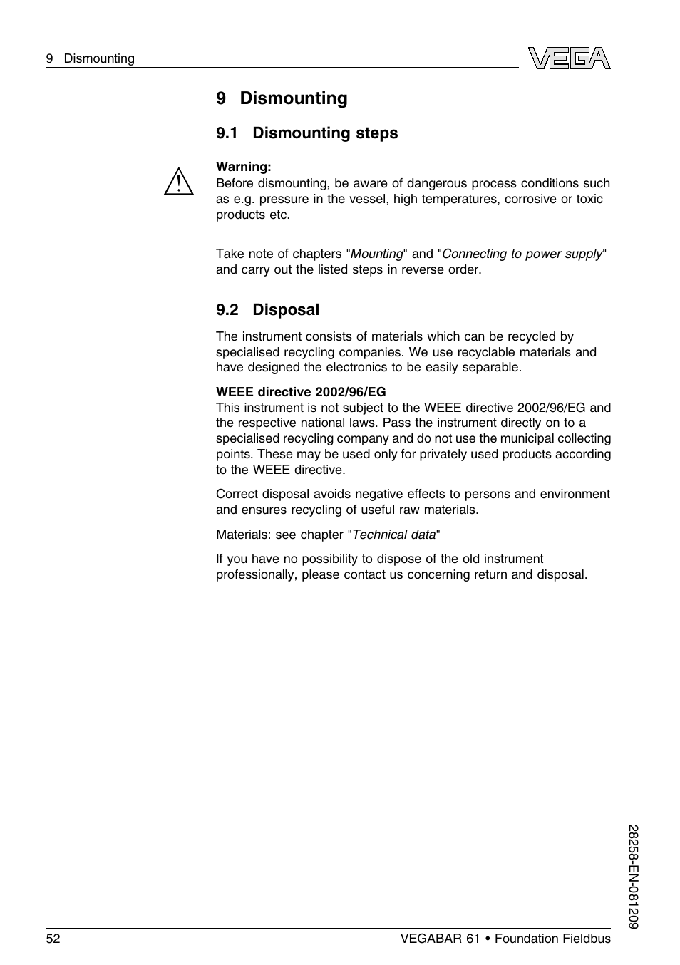 9 dismounting, 1 dismounting steps, 2 disposal | VEGA VEGABAR 61 Foundation Fieldbus User Manual | Page 52 / 84