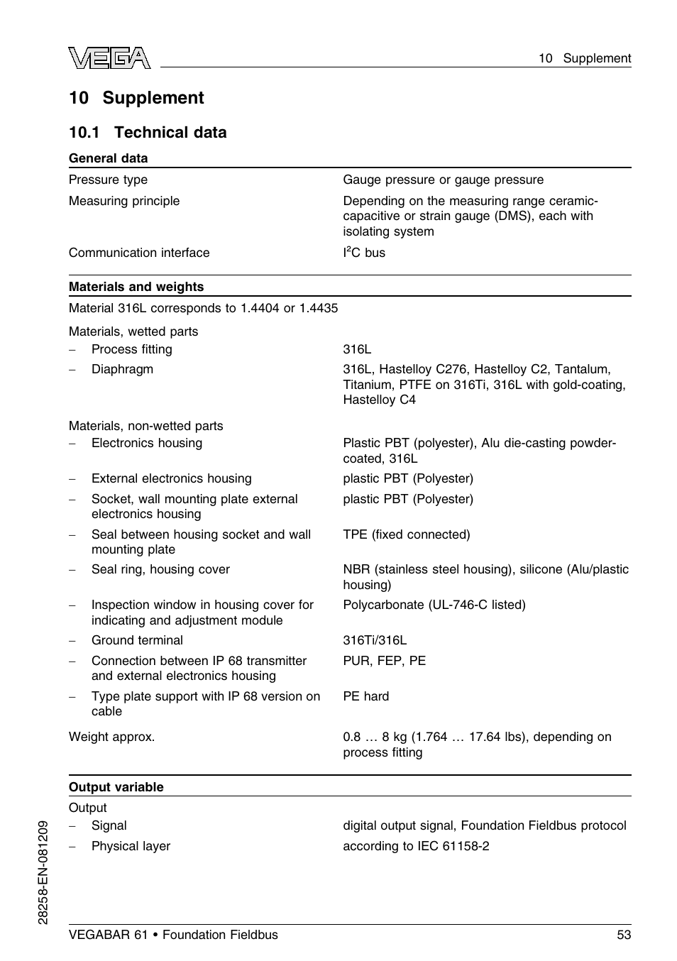 10 supplement, 1 technical data | VEGA VEGABAR 61 Foundation Fieldbus User Manual | Page 53 / 84