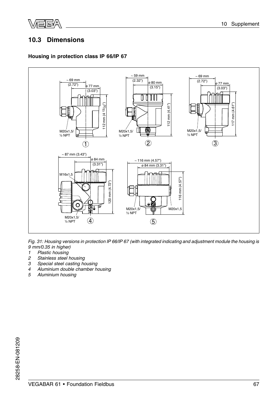 3 dimensions, Housing in protection class ip 66/ip 67 | VEGA VEGABAR 61 Foundation Fieldbus User Manual | Page 67 / 84
