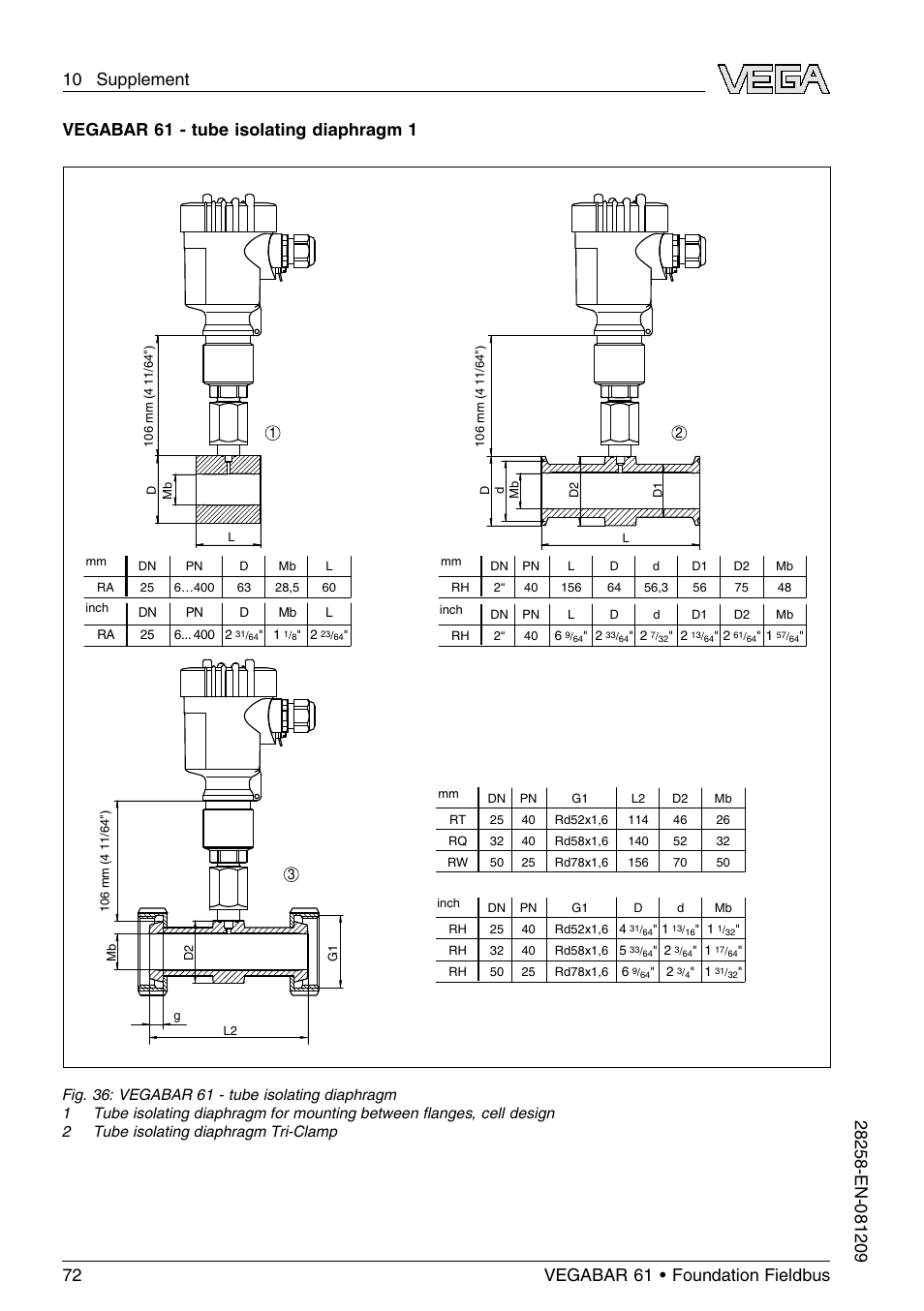 Vegabar 61 - tube isolating diaphragm 1 | VEGA VEGABAR 61 Foundation Fieldbus User Manual | Page 72 / 84