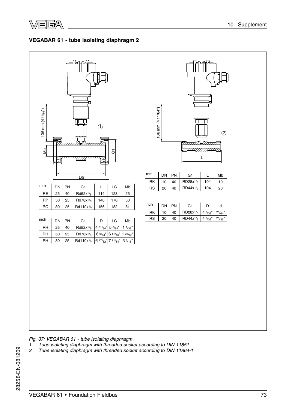 Vegabar 61 - tube isolating diaphragm 2 | VEGA VEGABAR 61 Foundation Fieldbus User Manual | Page 73 / 84