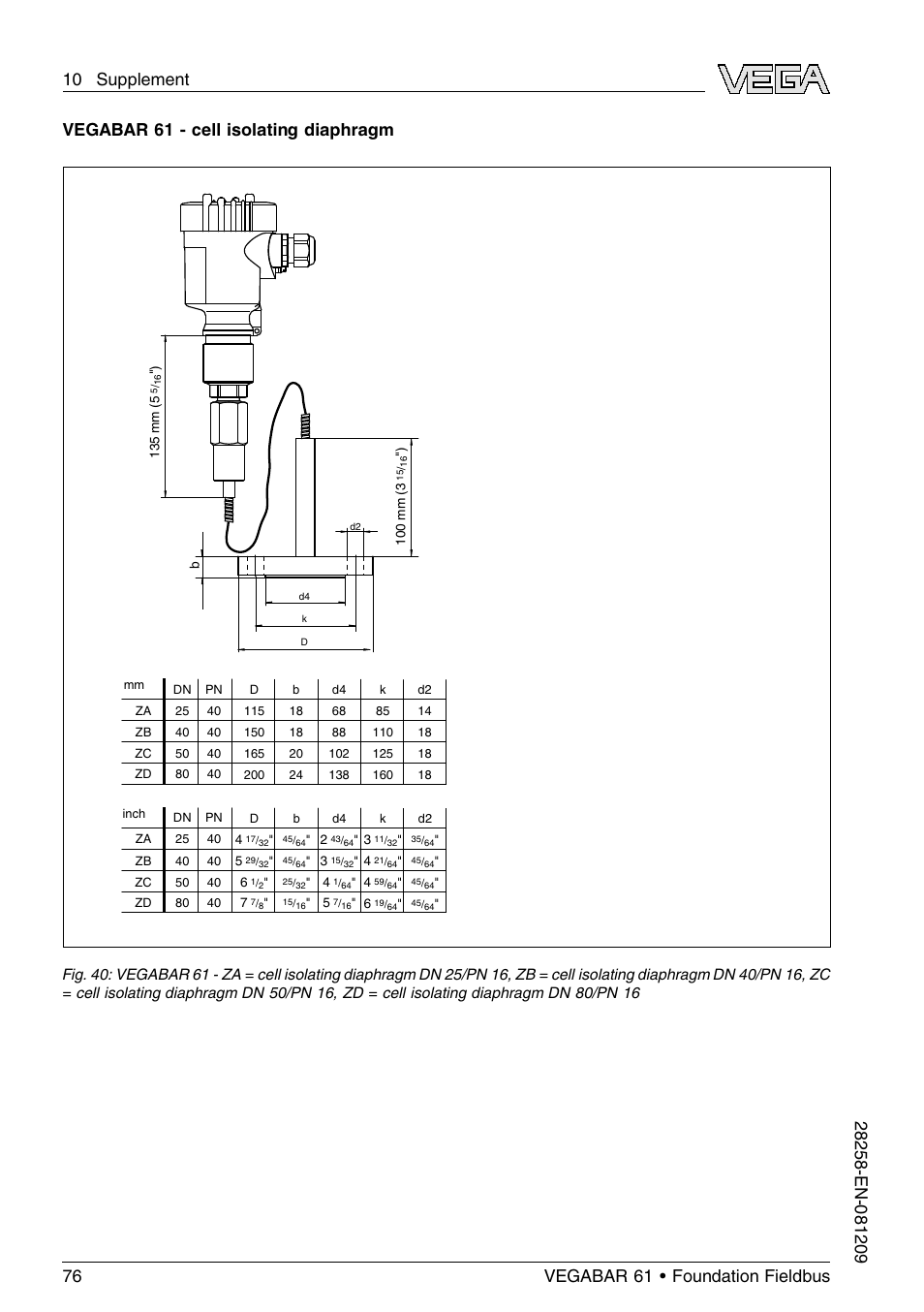 Vegabar 61 - cell isolating diaphragm | VEGA VEGABAR 61 Foundation Fieldbus User Manual | Page 76 / 84