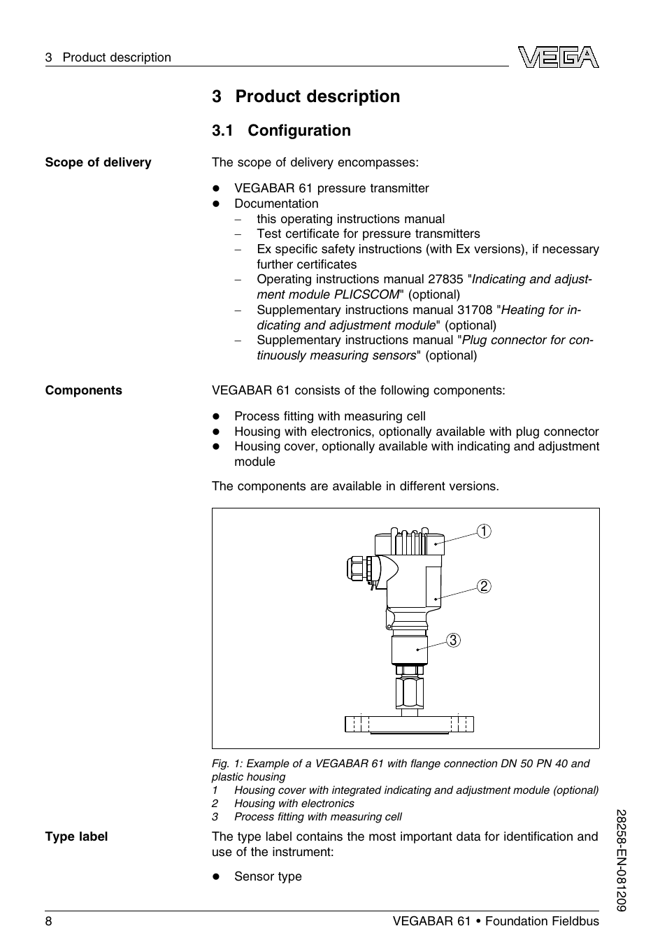 3 product description, 1 configuration, 1 conﬁguration | VEGA VEGABAR 61 Foundation Fieldbus User Manual | Page 8 / 84