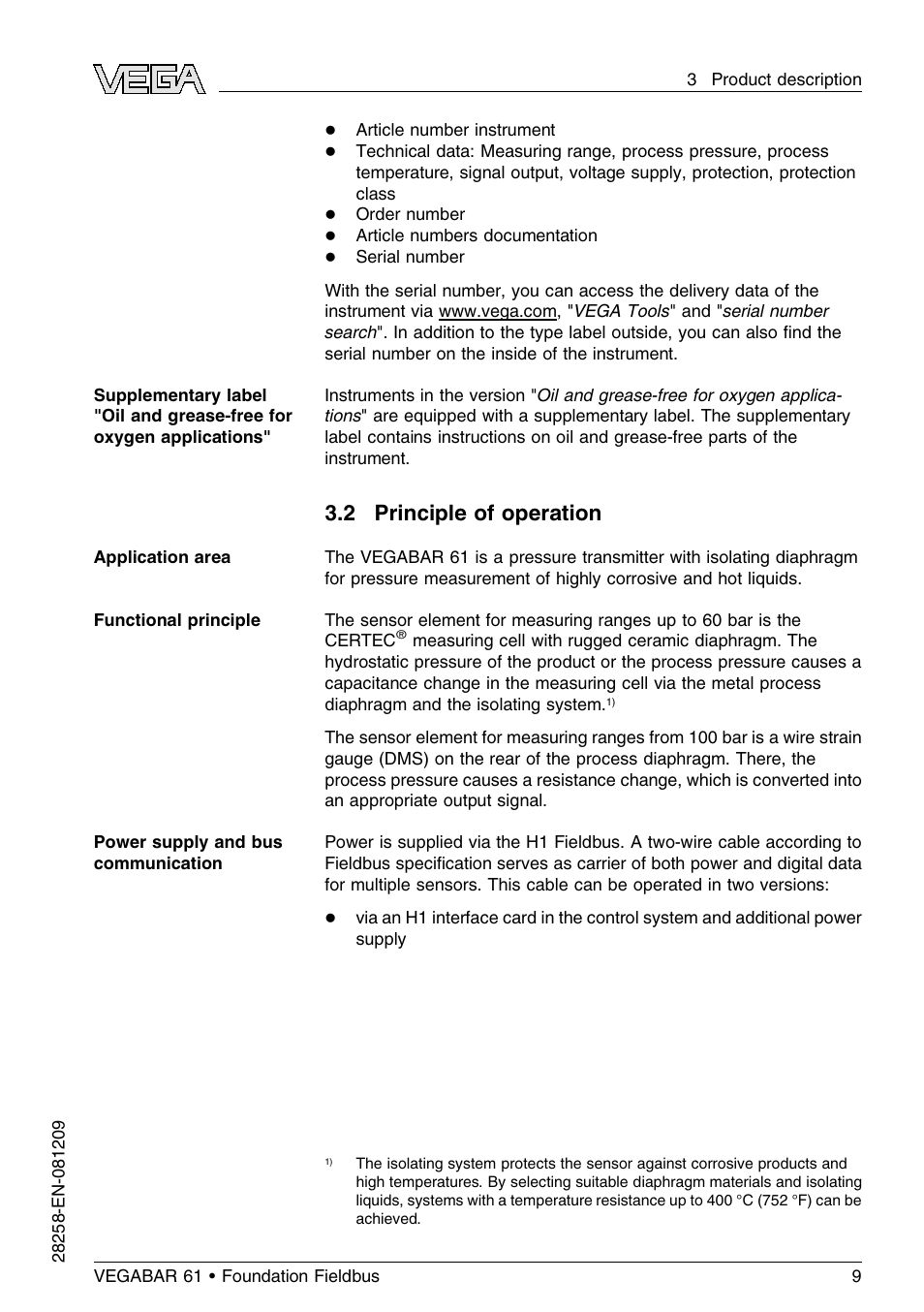 2 principle of operation | VEGA VEGABAR 61 Foundation Fieldbus User Manual | Page 9 / 84