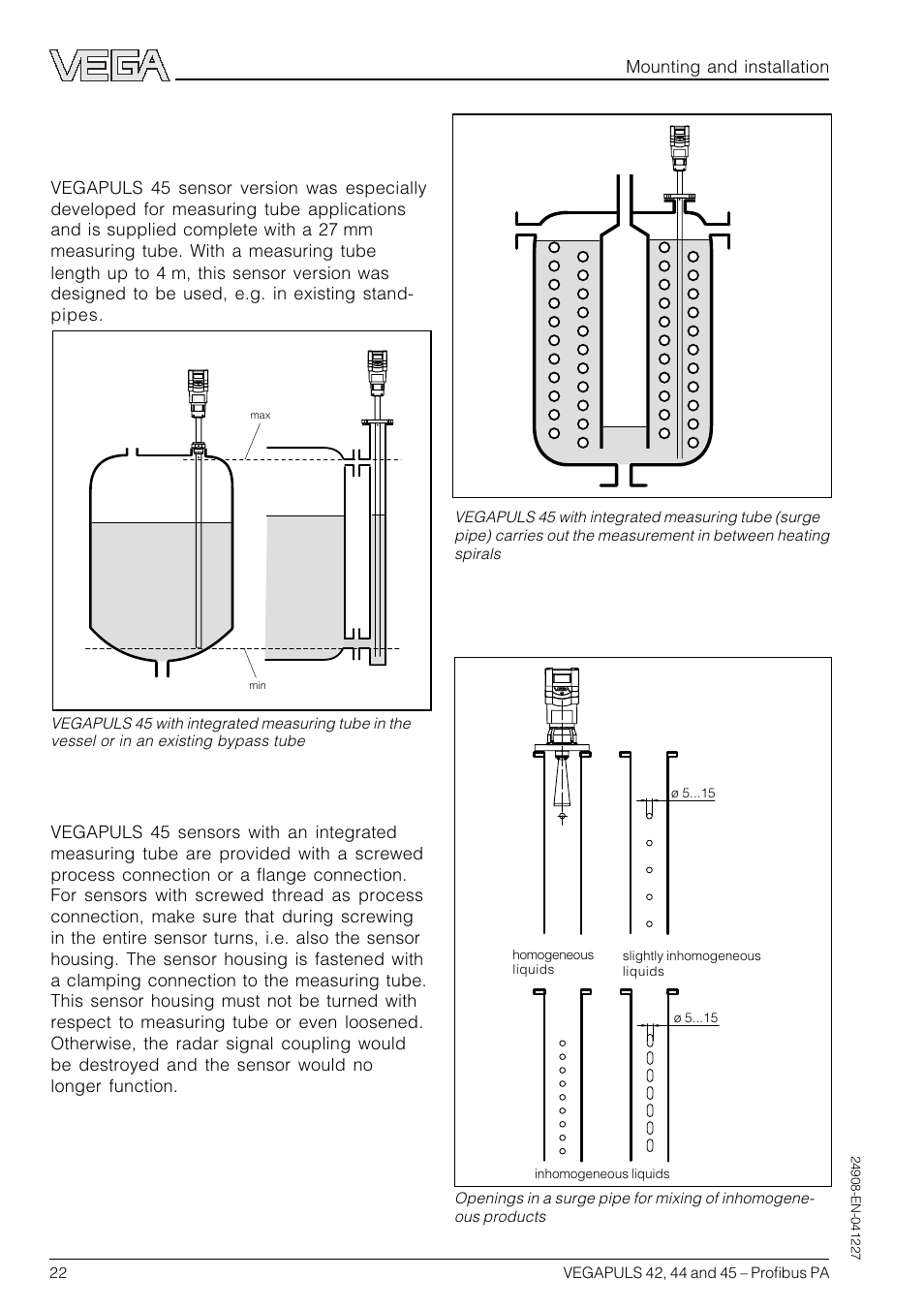 Standpipe measurement of inhomoge- neous products, Vegapuls 45 with integrated measur- ing tube | VEGA VEGAPULS 45 Profibus PA User Manual | Page 22 / 60