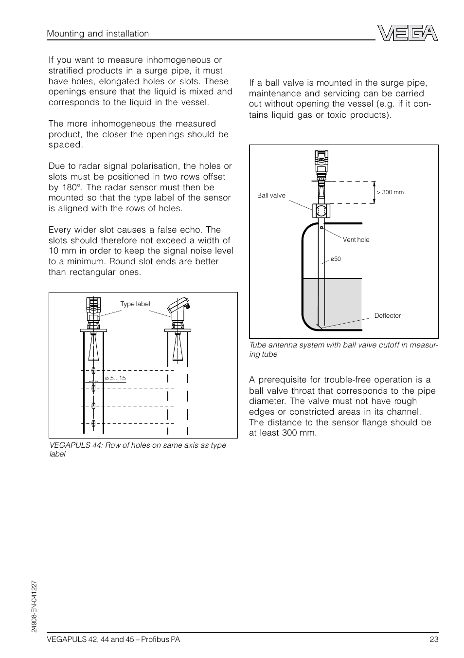 Surge pipe with ball valve | VEGA VEGAPULS 45 Profibus PA User Manual | Page 23 / 60