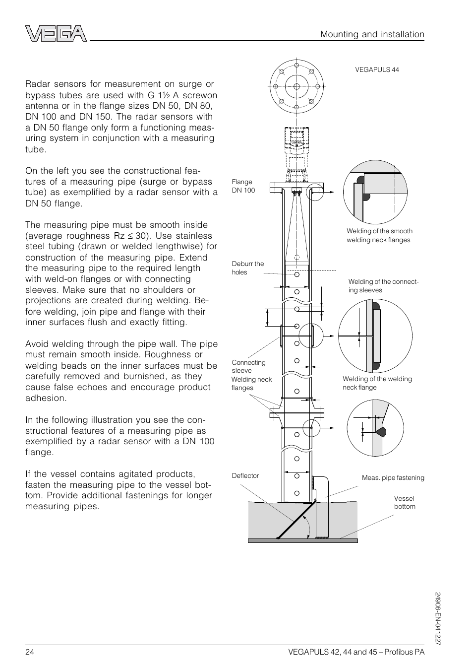 Guidelines for standpipe construction, Mounting and installation | VEGA VEGAPULS 45 Profibus PA User Manual | Page 24 / 60