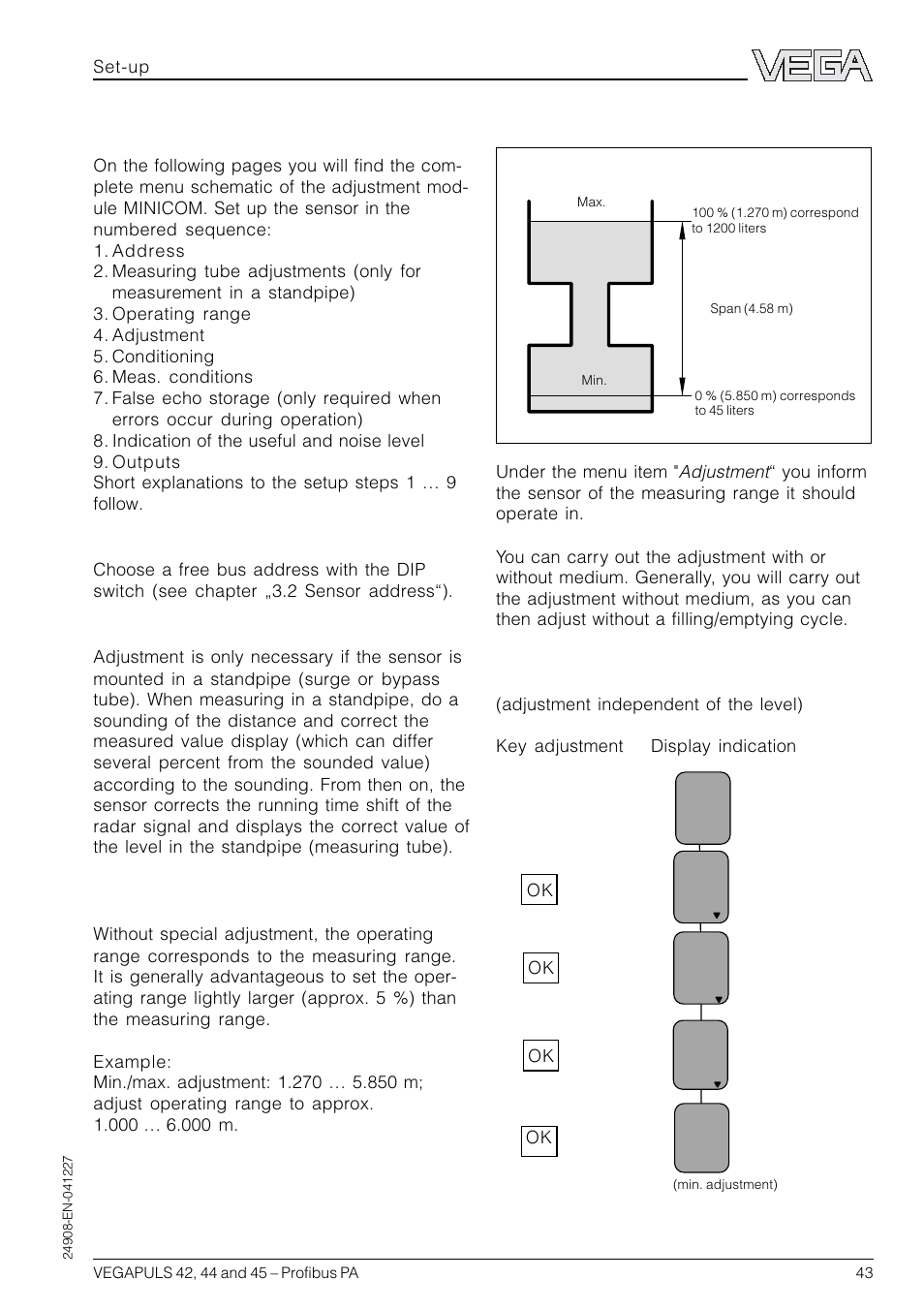 Adjustment, Adjustment steps, Address | Measurement in a standpipe, Operating range | VEGA VEGAPULS 45 Profibus PA User Manual | Page 43 / 60