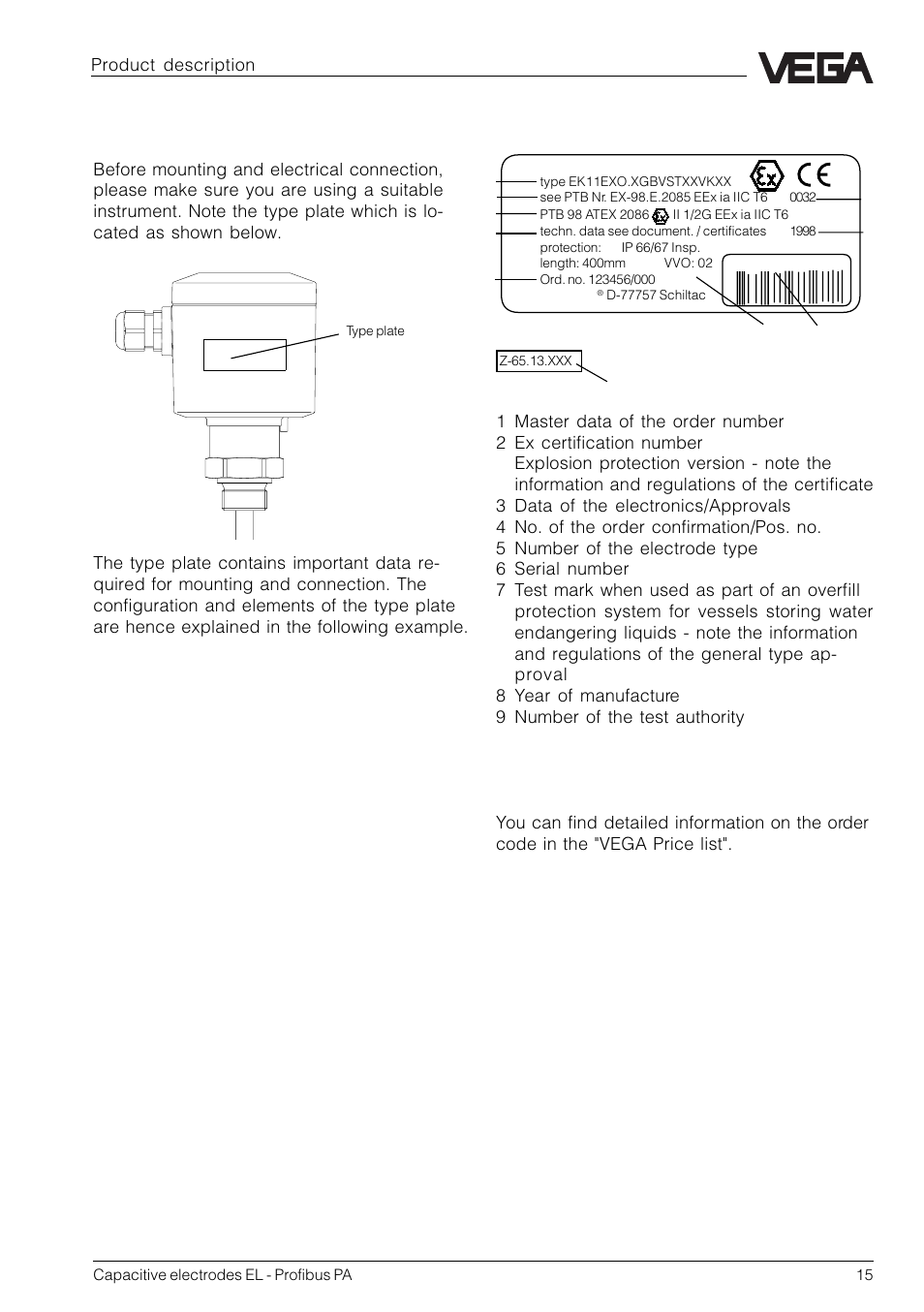 6 type plate, Vega, El 11 | VEGA Capacitive electrodes EL Profibus PA User Manual | Page 15 / 56