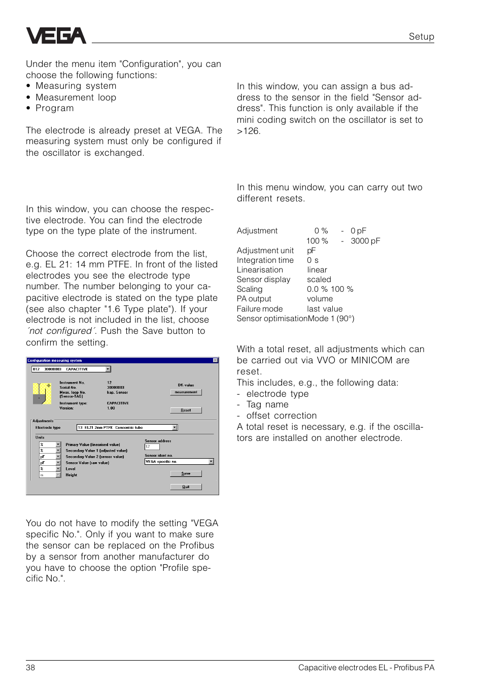 Profibus pa address, Reset, Measuring system | VEGA Capacitive electrodes EL Profibus PA User Manual | Page 38 / 56