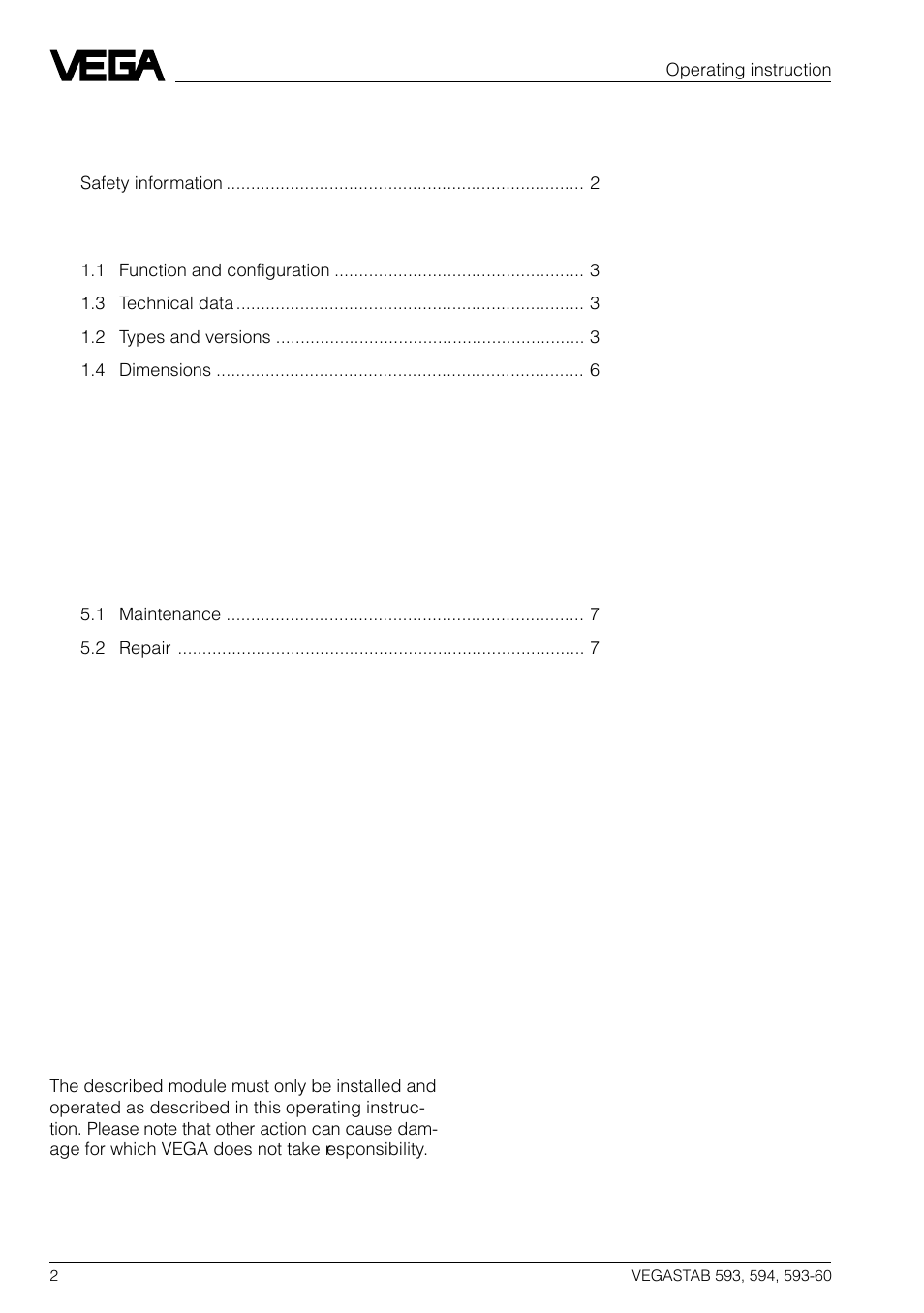 VEGA VEGASTAB 593, 593-60, 594 User Manual | Page 2 / 8