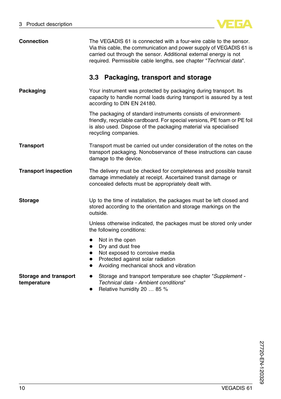 3 packaging, transport and storage | VEGA VEGADIS 61 User Manual | Page 10 / 28