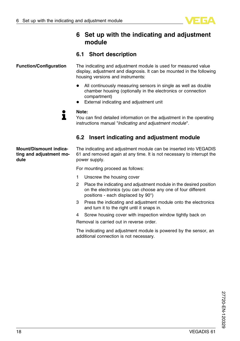 6 set up with the indicating and adjustment module, 1 short description, 2 insert indicating and adjustment module | 6set up with the indicating and adjustment module | VEGA VEGADIS 61 User Manual | Page 18 / 28