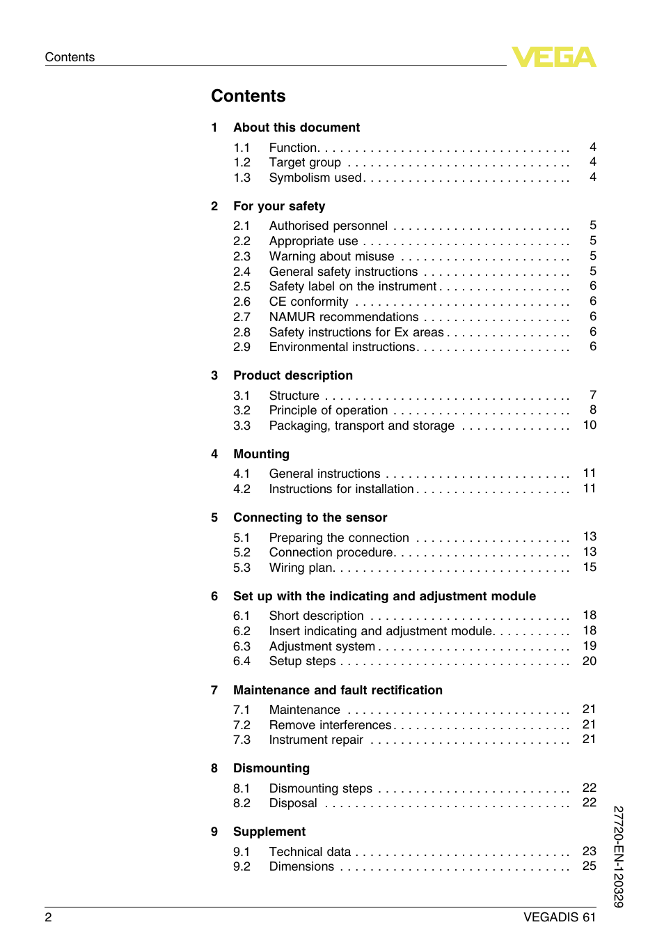 VEGA VEGADIS 61 User Manual | Page 2 / 28
