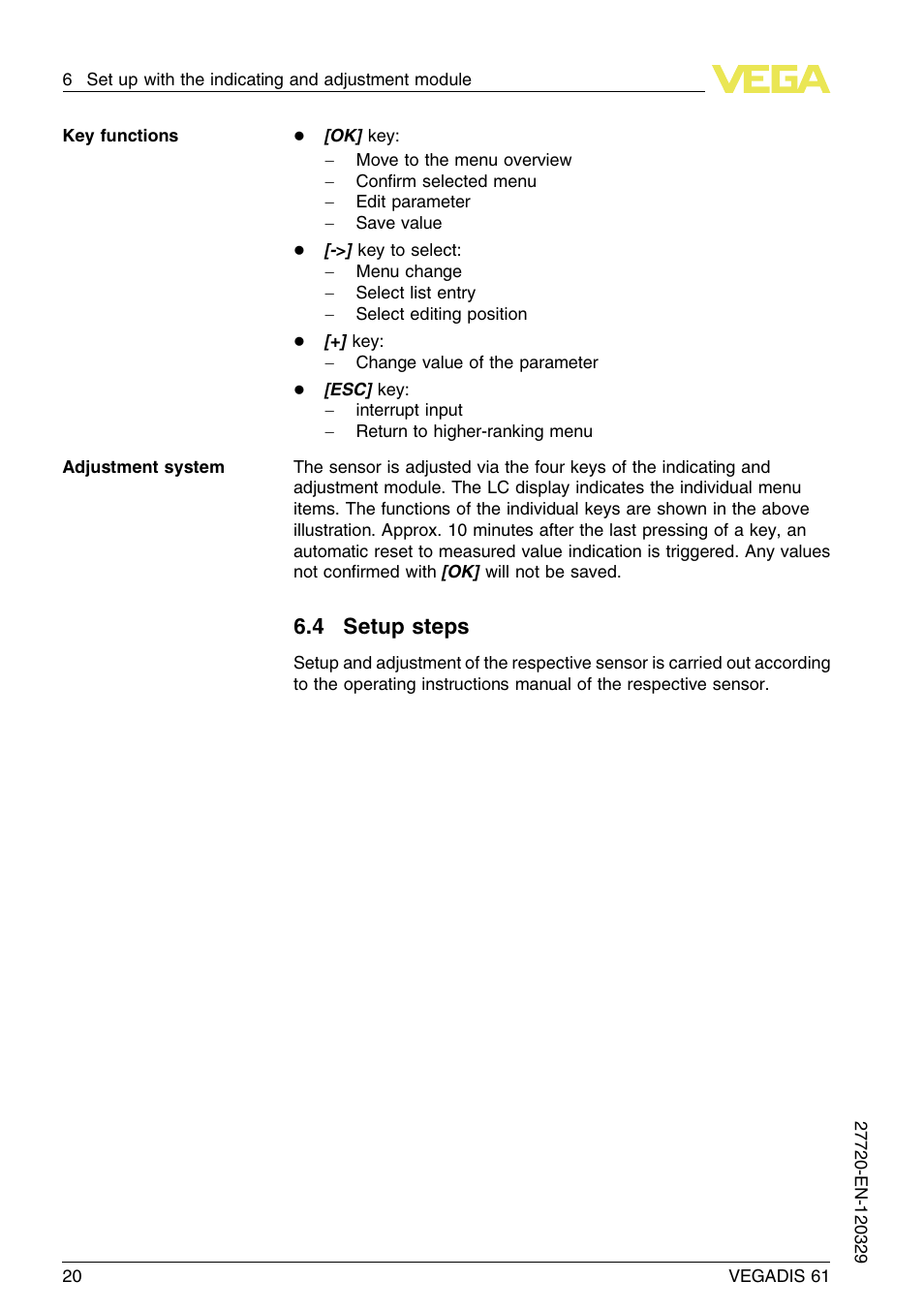 4 setup steps | VEGA VEGADIS 61 User Manual | Page 20 / 28