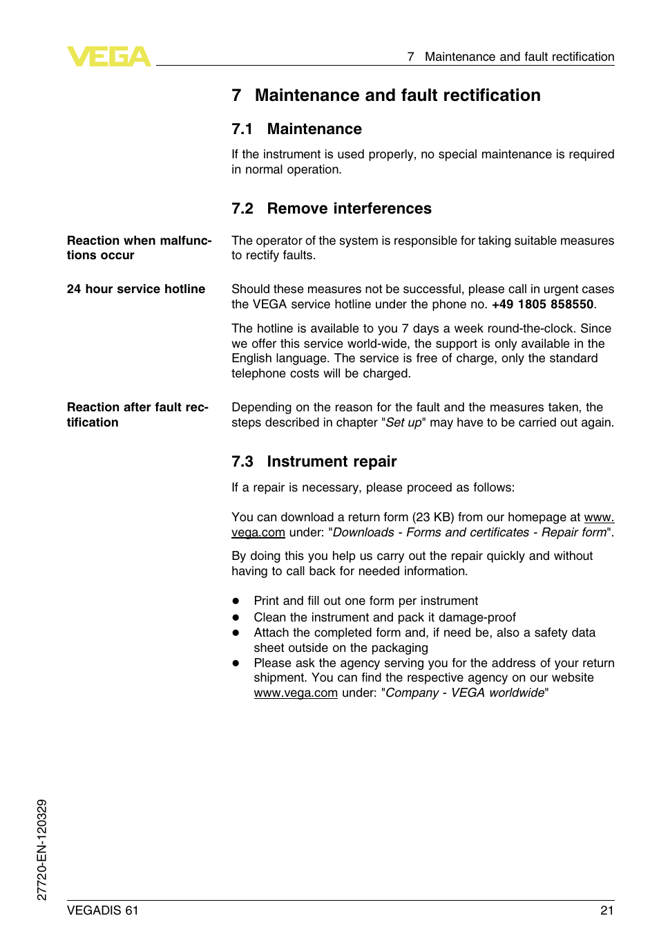 7 maintenance and fault rectification, 1 maintenance, 2 remove interferences | 3 instrument repair, 7maintenance and fault rectiﬁcation | VEGA VEGADIS 61 User Manual | Page 21 / 28