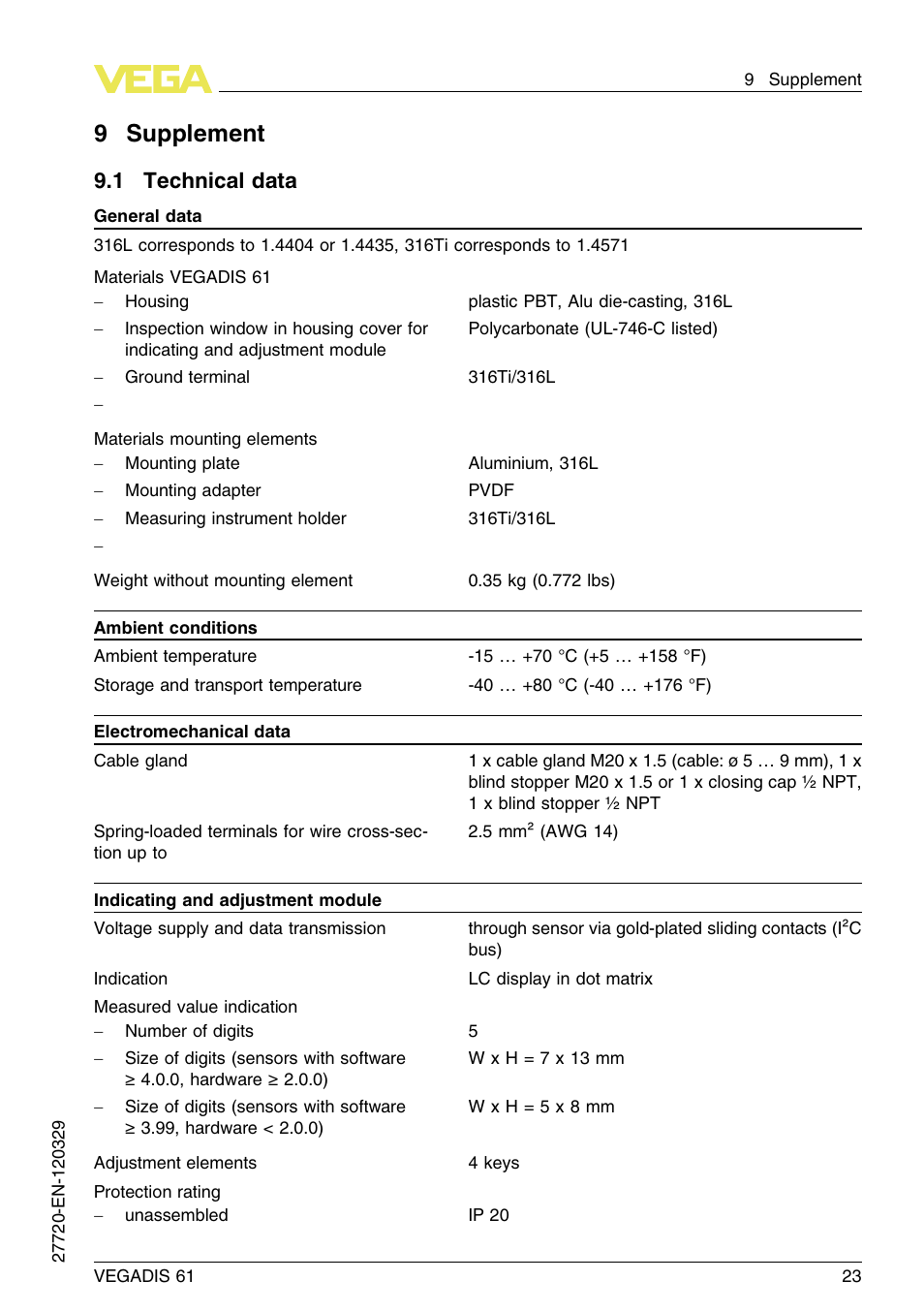 9 supplement, 1 technical data, 9supplement | VEGA VEGADIS 61 User Manual | Page 23 / 28