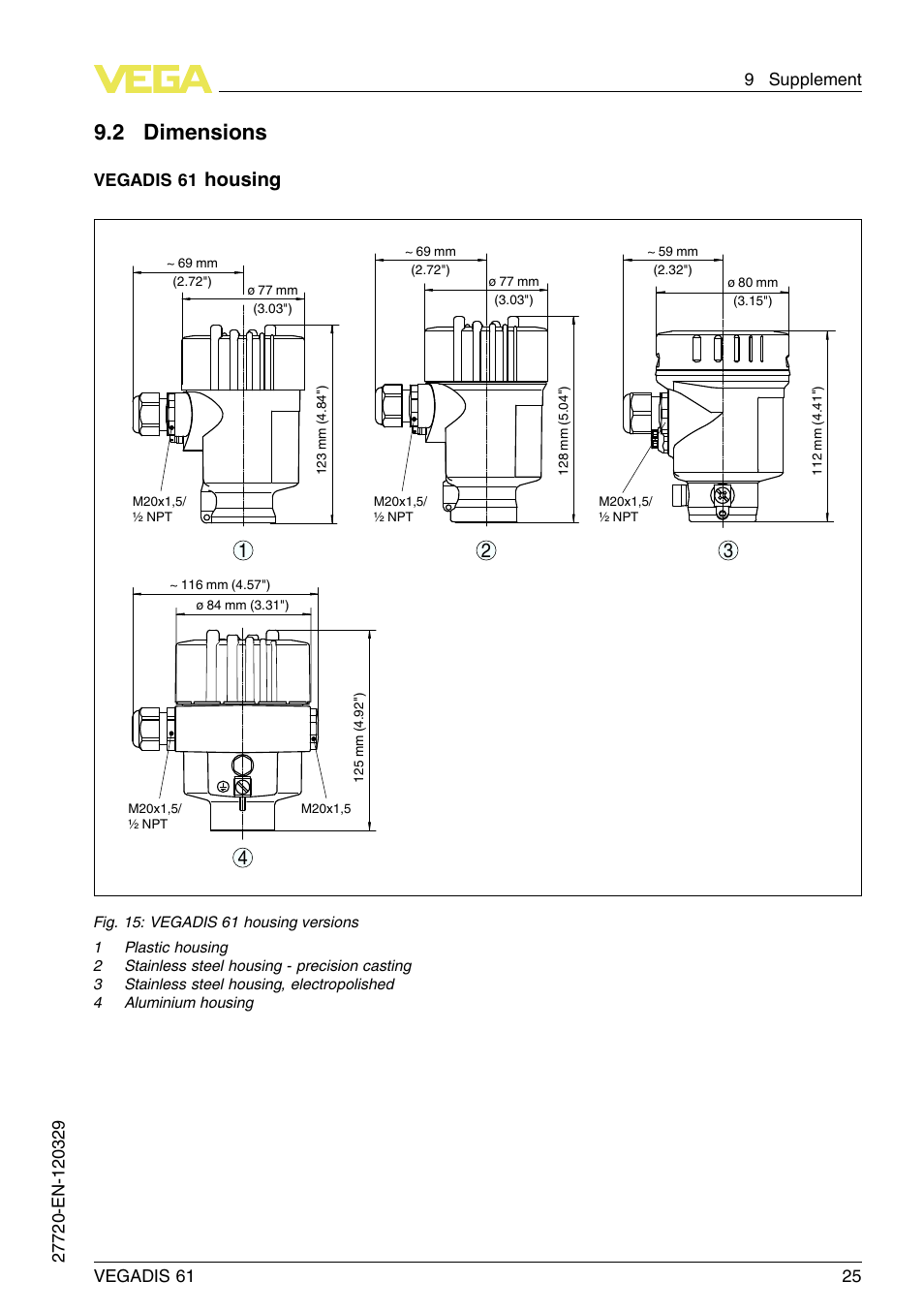 2 dimensions, Housing 1 2 3 4 | VEGA VEGADIS 61 User Manual | Page 25 / 28
