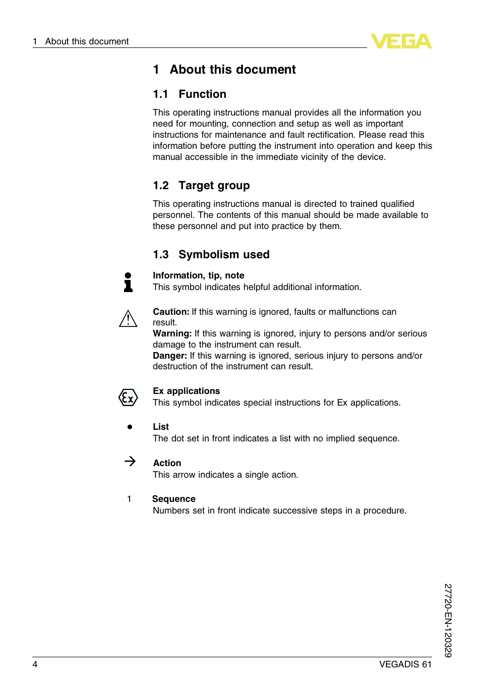 1 about this document, 1 function, 2 target group | 3 symbolism used, 1about this document | VEGA VEGADIS 61 User Manual | Page 4 / 28