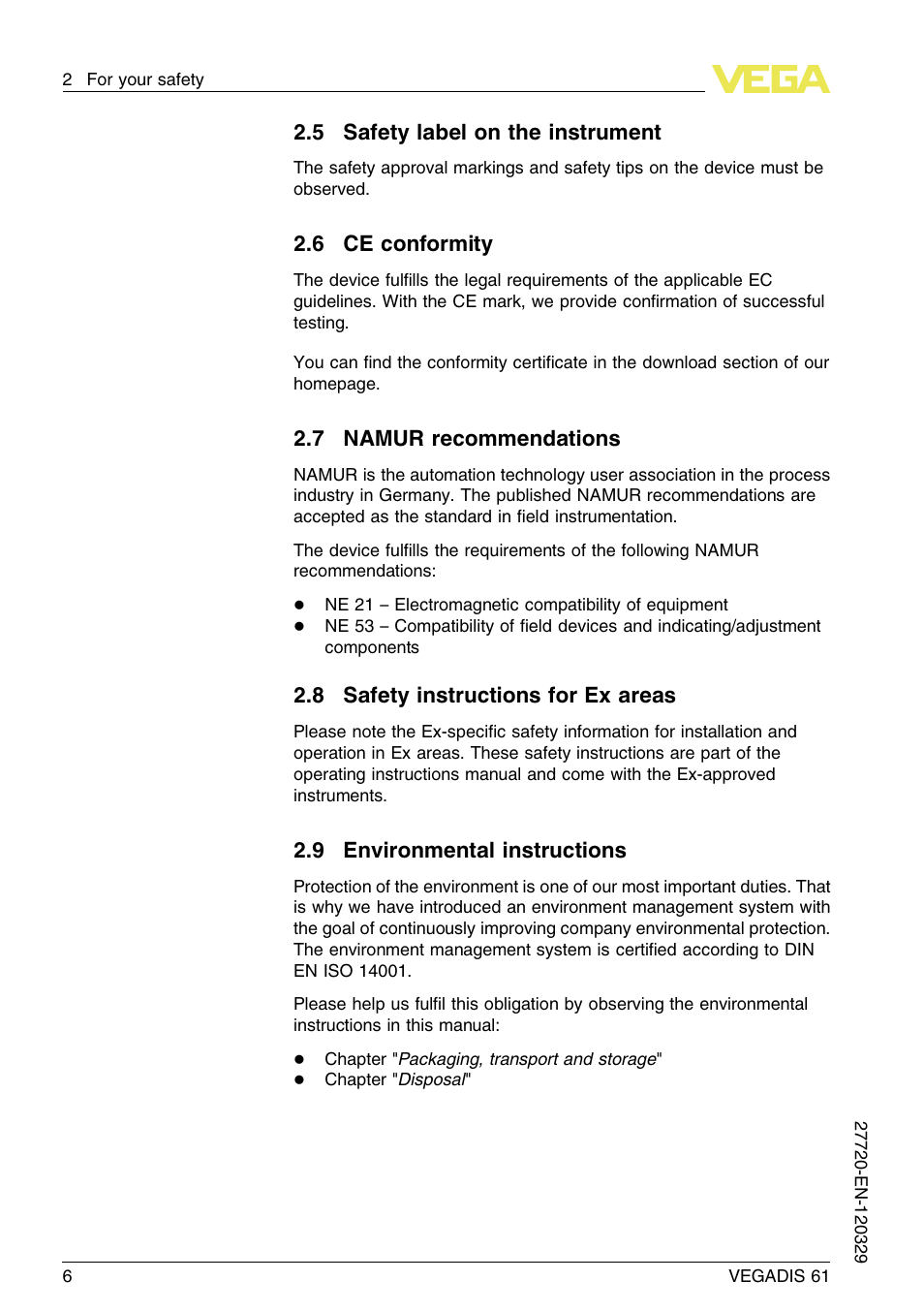 5 safety label on the instrument, 6 ce conformity, 7 namur recommendations | 8 safety instructions for ex areas, 9 environmental instructions | VEGA VEGADIS 61 User Manual | Page 6 / 28