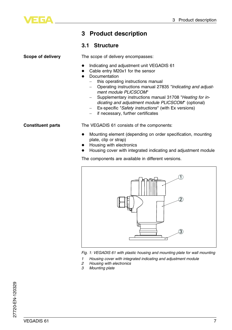 3 product description, 1 structure, 3product description | VEGA VEGADIS 61 User Manual | Page 7 / 28