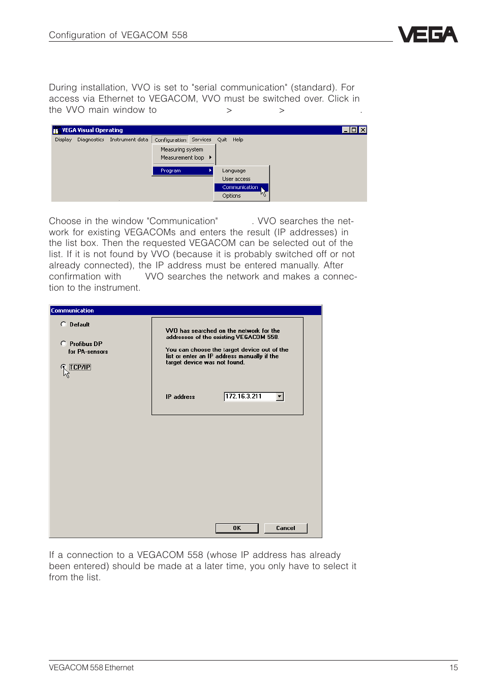 1 adjust communication mode with vvo | VEGA VEGACOM 558 Ethernet User Manual | Page 15 / 80