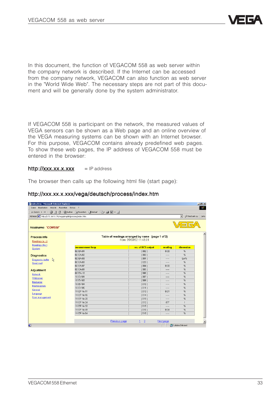 7 vegacom 558 as web server, 1 vegacom in the internet, 2 predefined web pages | VEGA VEGACOM 558 Ethernet User Manual | Page 33 / 80