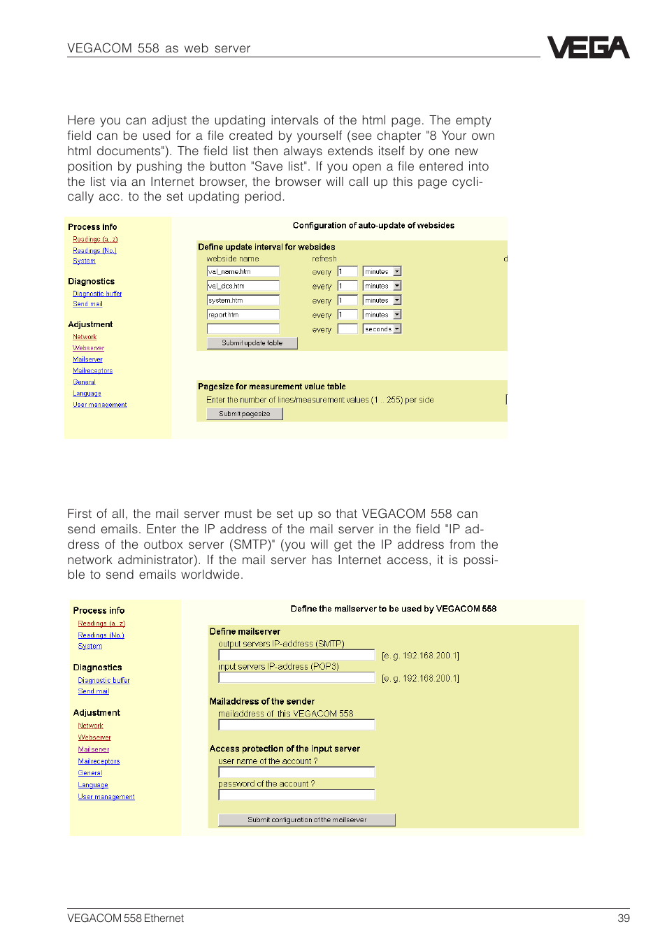 4 web server settings, 5 send emails | VEGA VEGACOM 558 Ethernet User Manual | Page 39 / 80