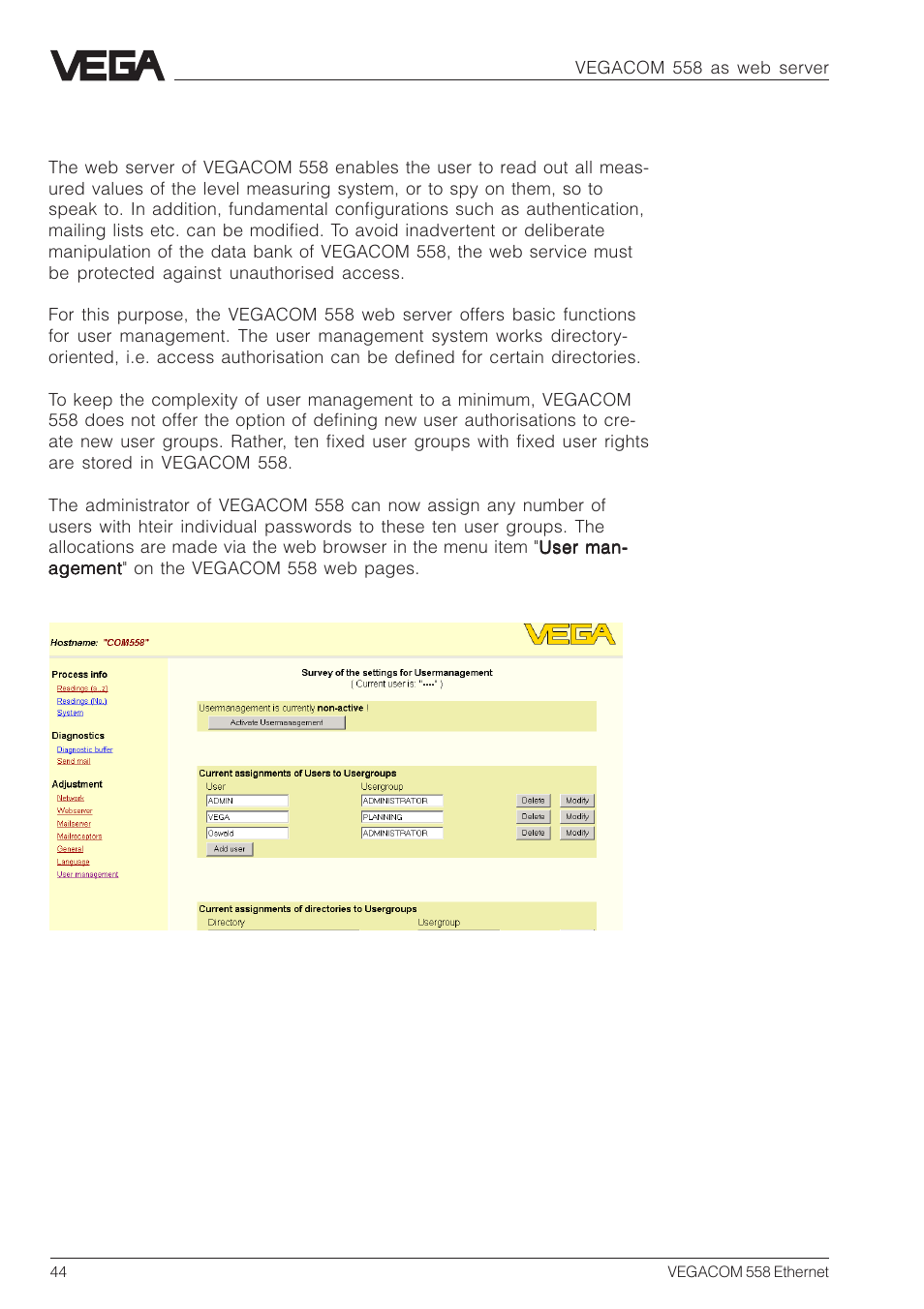 8 user management | VEGA VEGACOM 558 Ethernet User Manual | Page 44 / 80