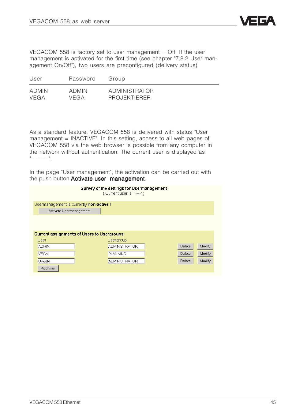 VEGA VEGACOM 558 Ethernet User Manual | Page 45 / 80