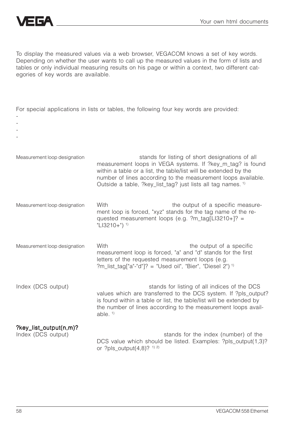 3 key words for output in html files | VEGA VEGACOM 558 Ethernet User Manual | Page 58 / 80