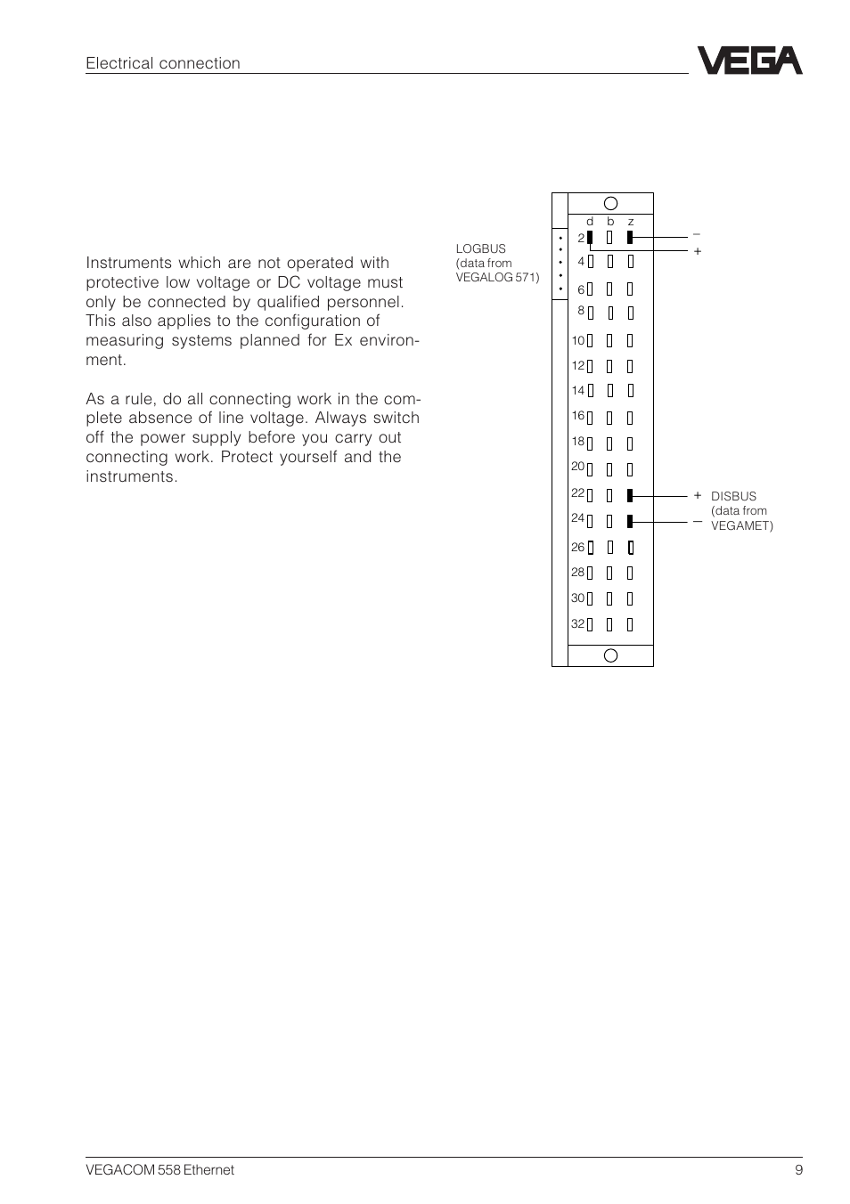 3 electrical connection, 1 connection instruction, 2 wiring plan | Safety information – qualified personnel | VEGA VEGACOM 558 Ethernet User Manual | Page 9 / 80