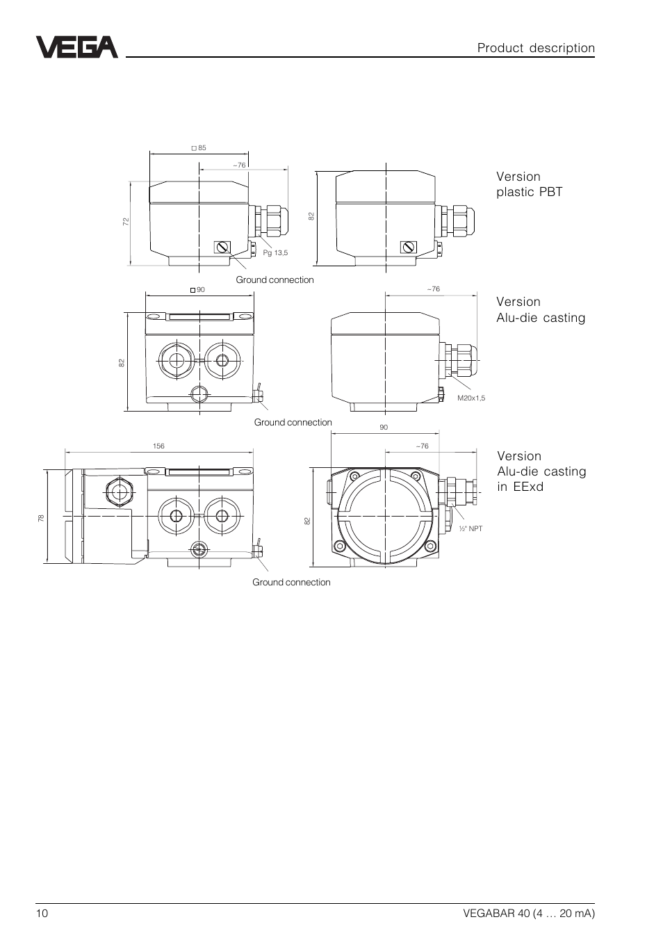 5 dimensions, Product description | VEGA VEGABAR 40 4 … 20 mA User Manual | Page 10 / 28