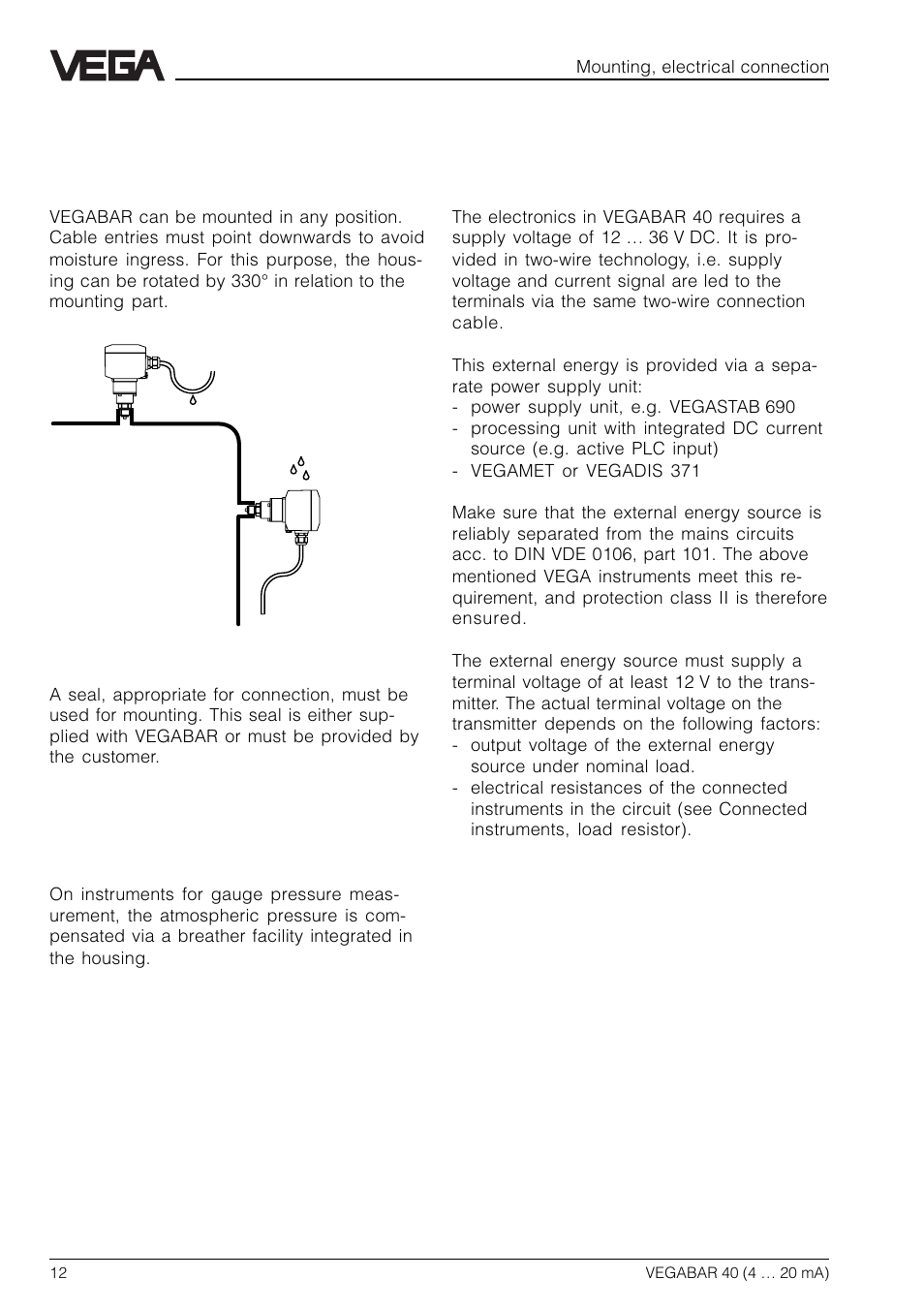 2 mounting, 1 mounting instructions, 2 compensation of the atmospheric pressure | 3 electrical connection, 1 connection instructions | VEGA VEGABAR 40 4 … 20 mA User Manual | Page 12 / 28