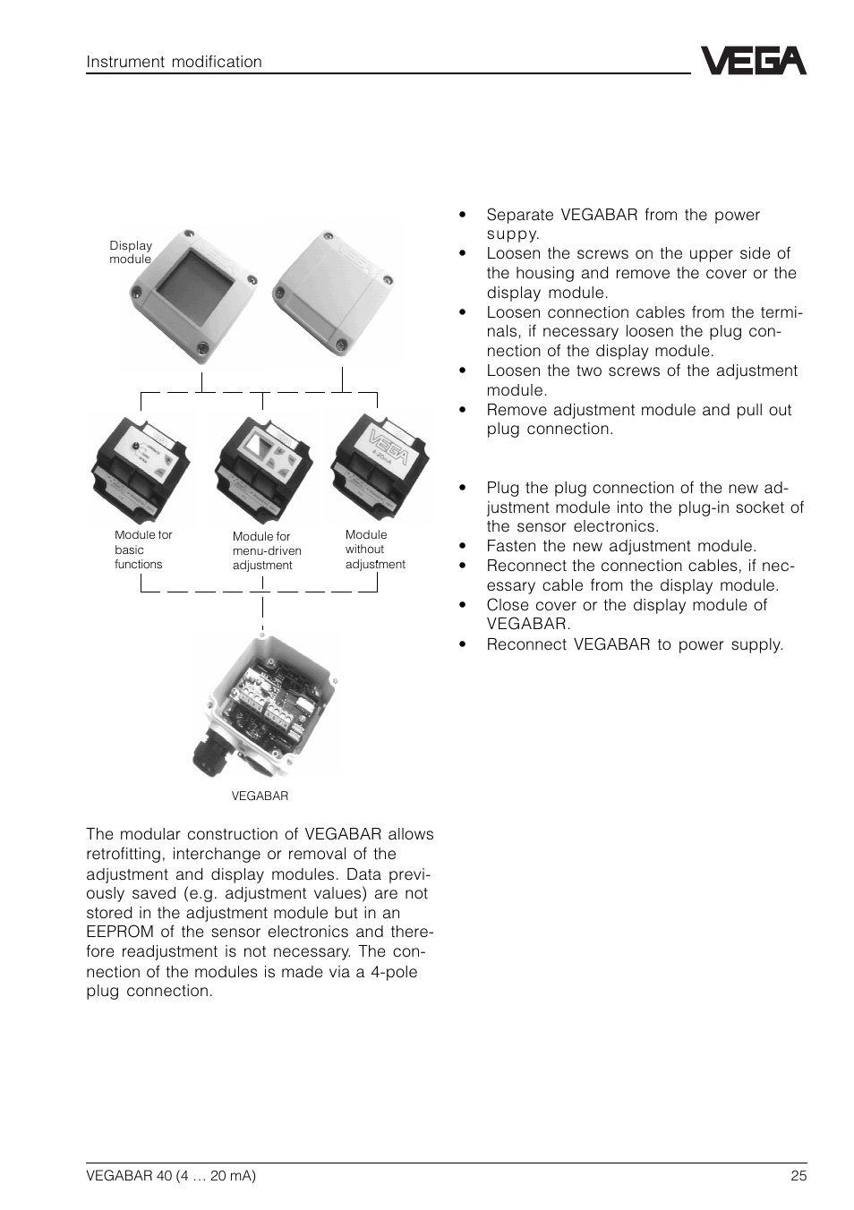 6 instrument modification, 1 exchange of adjustment modules | VEGA VEGABAR 40 4 … 20 mA User Manual | Page 25 / 28