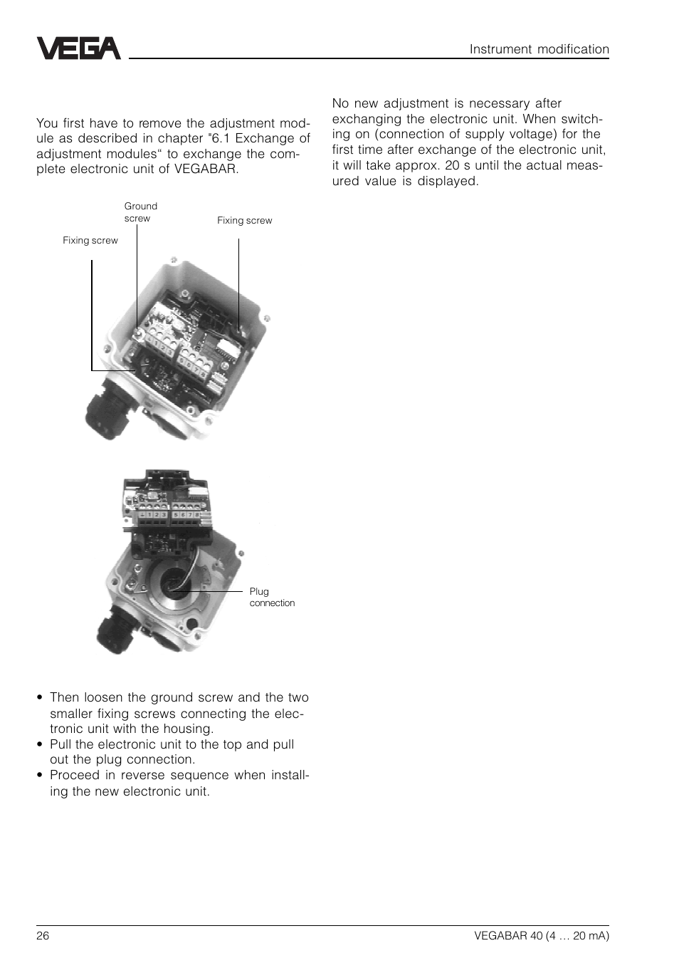 2 exchange of electronics | VEGA VEGABAR 40 4 … 20 mA User Manual | Page 26 / 28