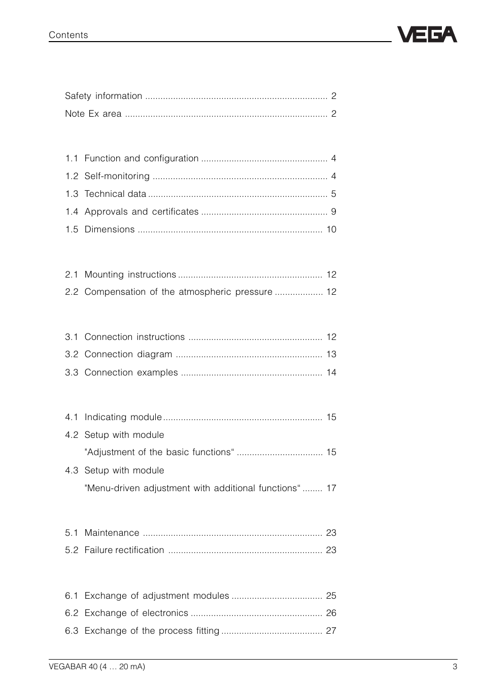 VEGA VEGABAR 40 4 … 20 mA User Manual | Page 3 / 28
