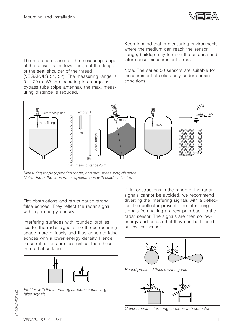 3 mounting and installation, 1 general installation instructions, Measuring range | False echoes | VEGA VEGAPULS 51K…54K 4 … 20 mA; HART compact sensor User Manual | Page 11 / 72