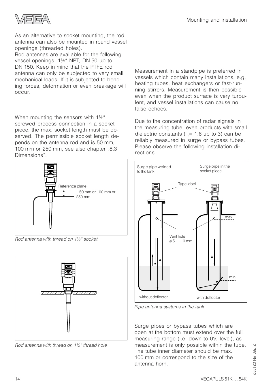 3 measurement in standpipe (surge or bypass tube), General instructions | VEGA VEGAPULS 51K…54K 4 … 20 mA; HART compact sensor User Manual | Page 14 / 72