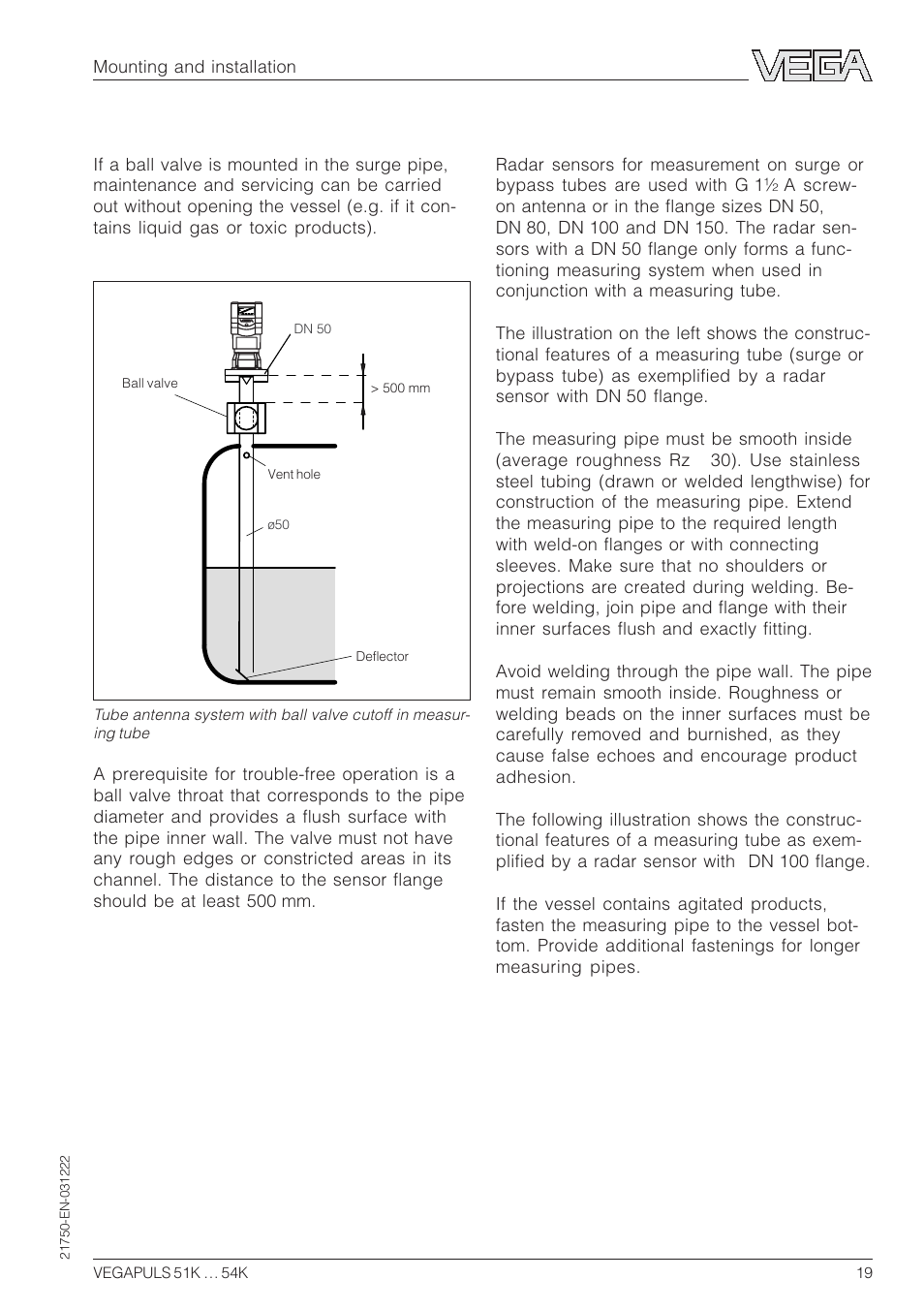 Surge pipe with ball valve, Guidelines for standpipe construction | VEGA VEGAPULS 51K…54K 4 … 20 mA; HART compact sensor User Manual | Page 19 / 72