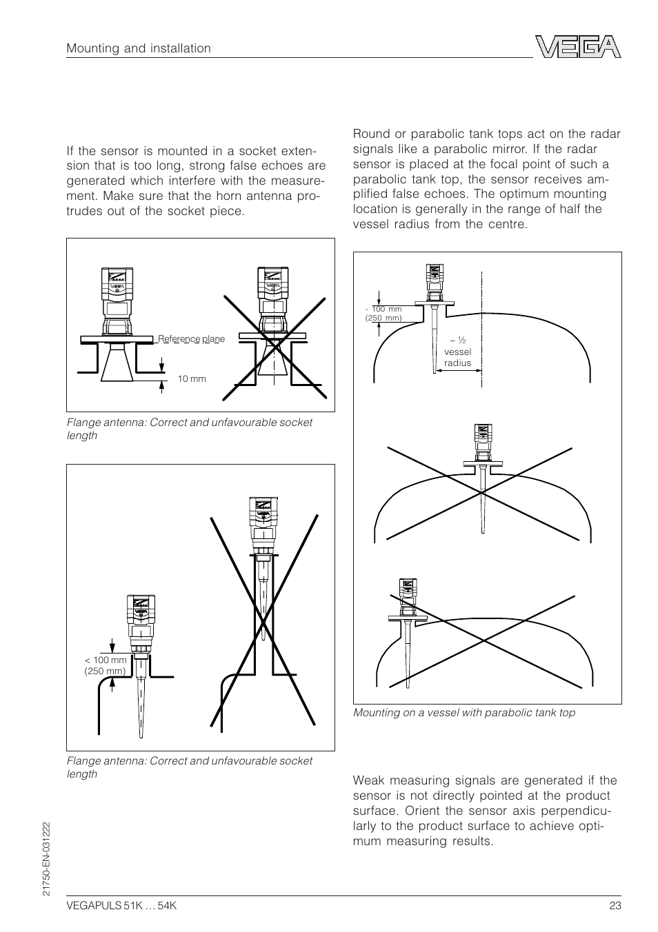 5 common installation mistakes, Socket piece too long, Parabolic effects on dished or rounded vessel tops | Wrong orientation to the product | VEGA VEGAPULS 51K…54K 4 … 20 mA; HART compact sensor User Manual | Page 23 / 72