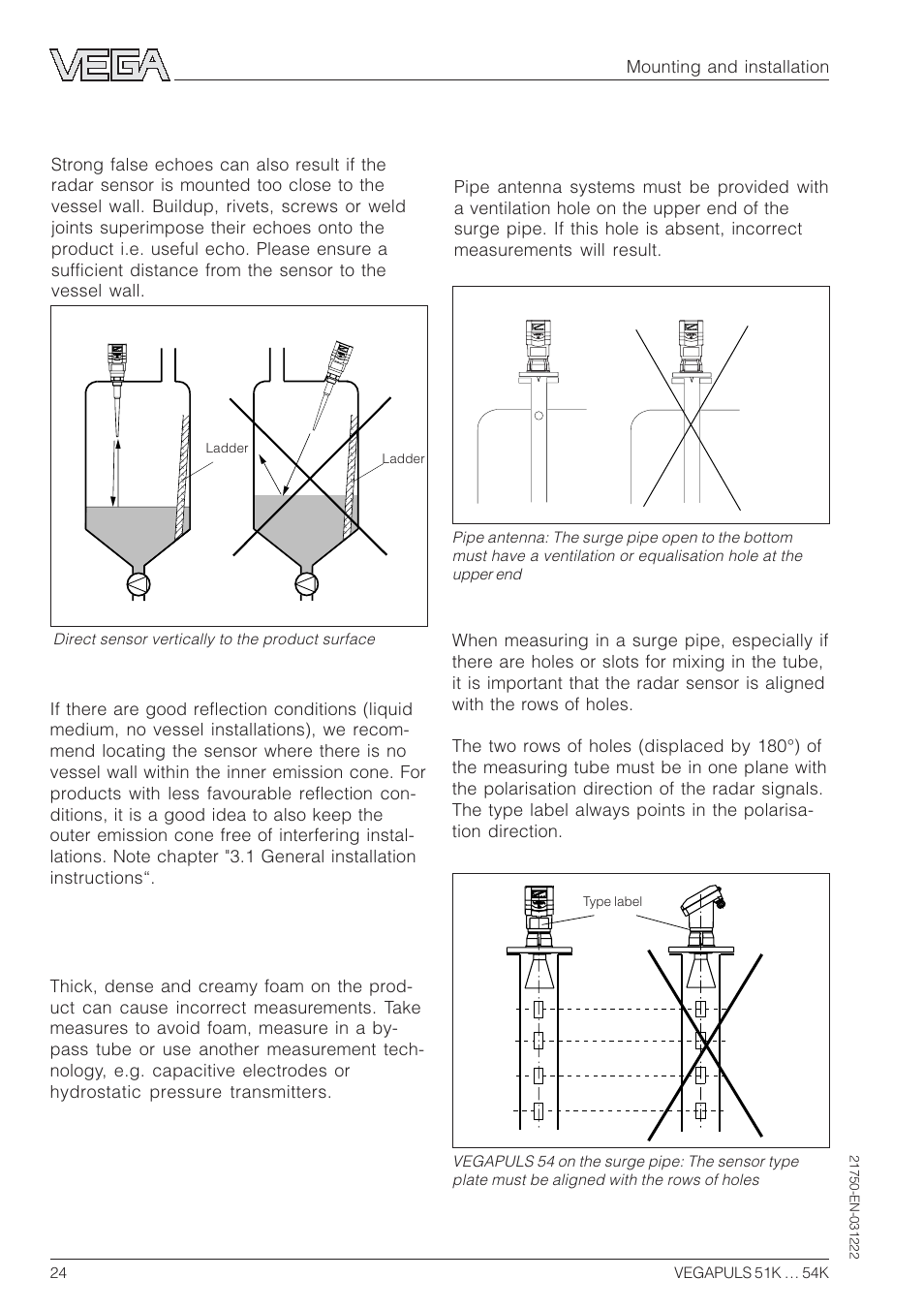 Foam generation, Sensor too close to the vessel wall, Standpipe installation mistakes | VEGA VEGAPULS 51K…54K 4 … 20 mA; HART compact sensor User Manual | Page 24 / 72