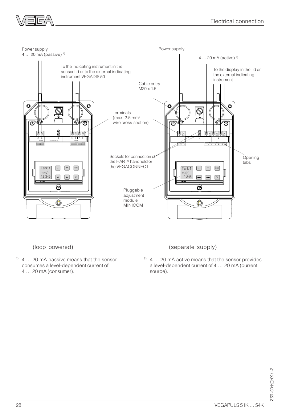 Version with plastic housing, Electrical connection | VEGA VEGAPULS 51K…54K 4 … 20 mA; HART compact sensor User Manual | Page 28 / 72