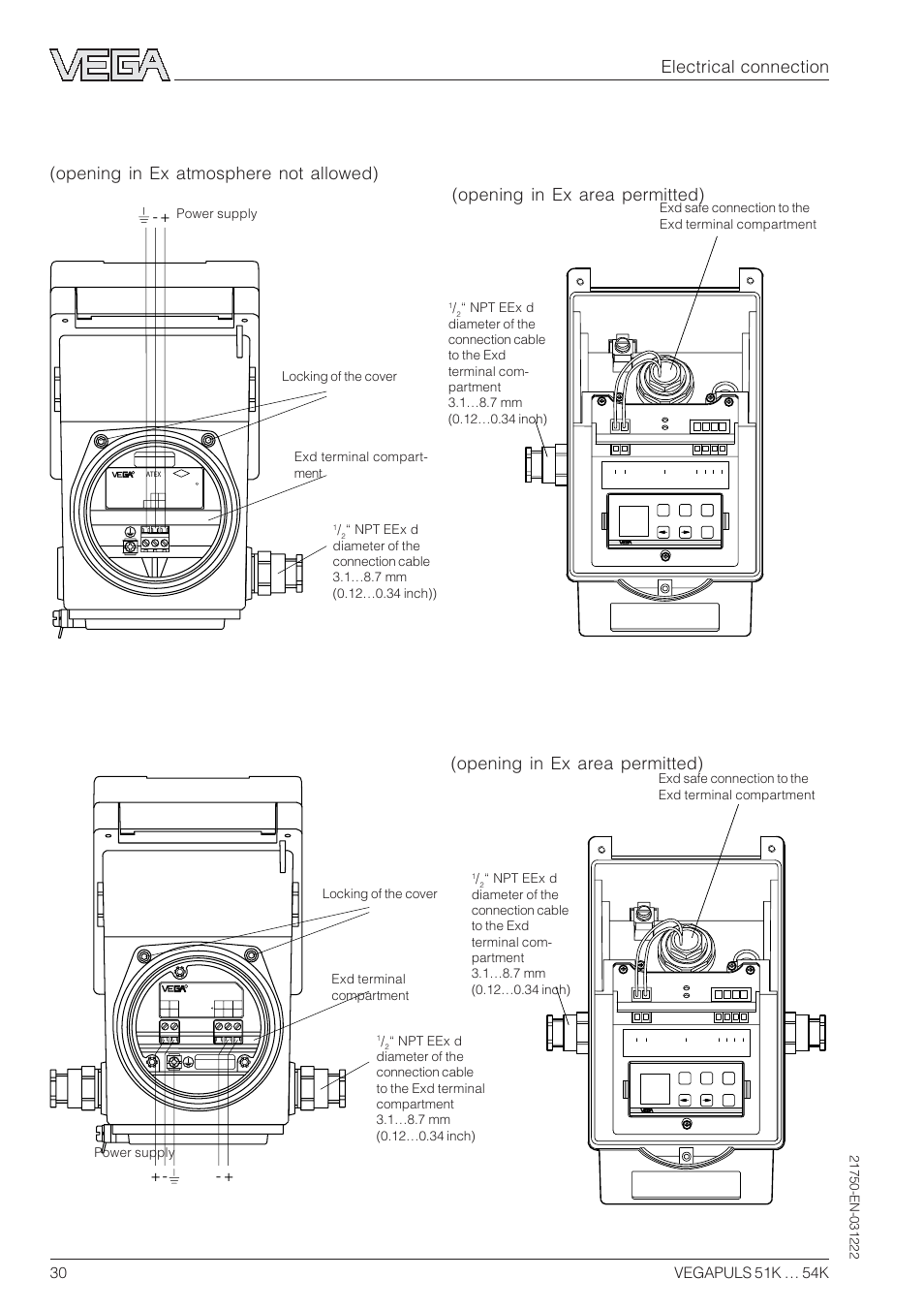 Electrical connection, 4 ma, Power supply | Exd terminal compart- ment, Locking of the cover, Exd terminal compartment | VEGA VEGAPULS 51K…54K 4 … 20 mA; HART compact sensor User Manual | Page 30 / 72