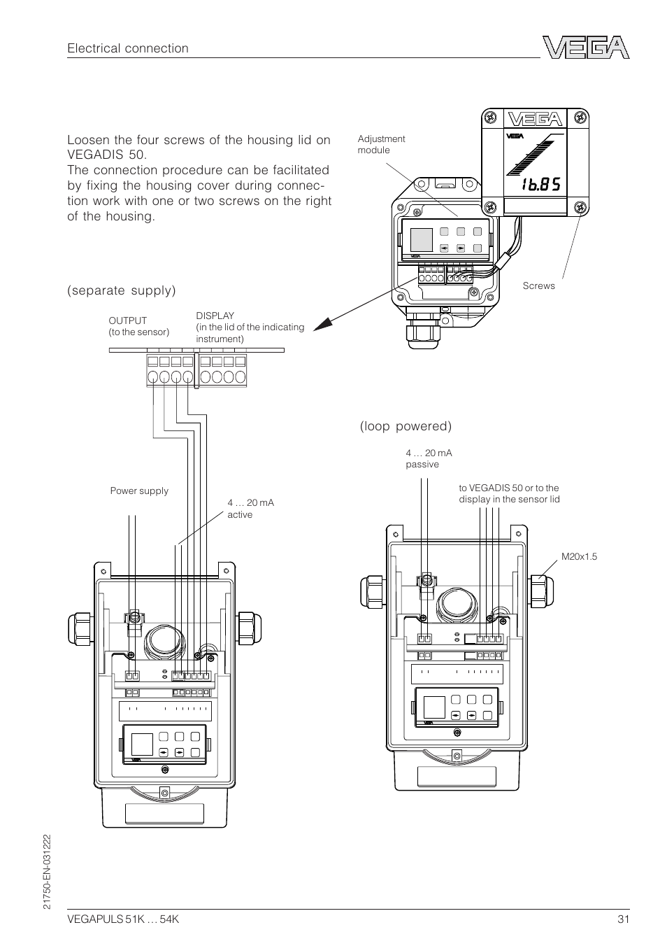 Electrical connection | VEGA VEGAPULS 51K…54K 4 … 20 mA; HART compact sensor User Manual | Page 31 / 72