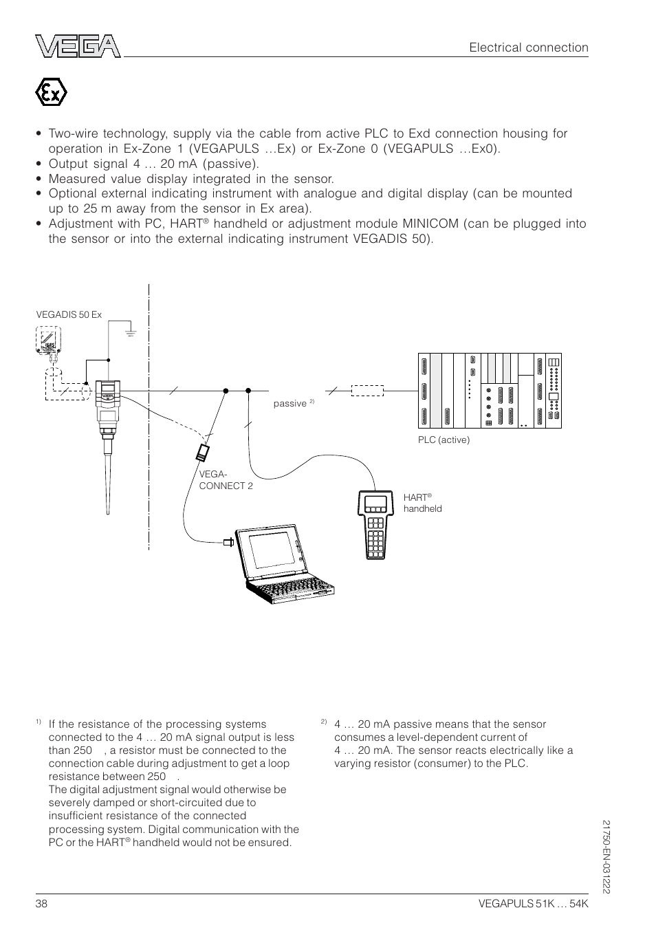 Electrical connection | VEGA VEGAPULS 51K…54K 4 … 20 mA; HART compact sensor User Manual | Page 38 / 72