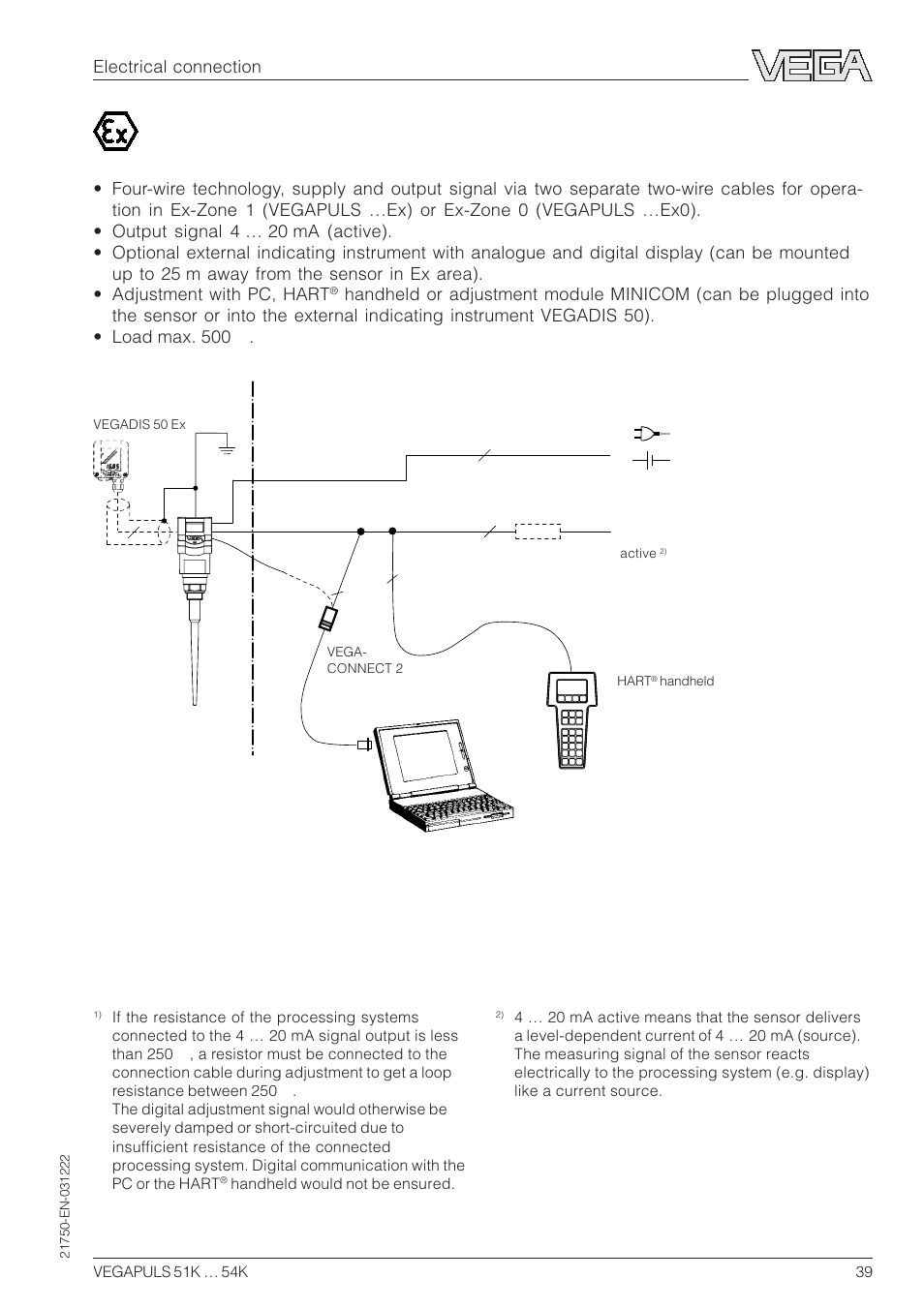 Electrical connection | VEGA VEGAPULS 51K…54K 4 … 20 mA; HART compact sensor User Manual | Page 39 / 72