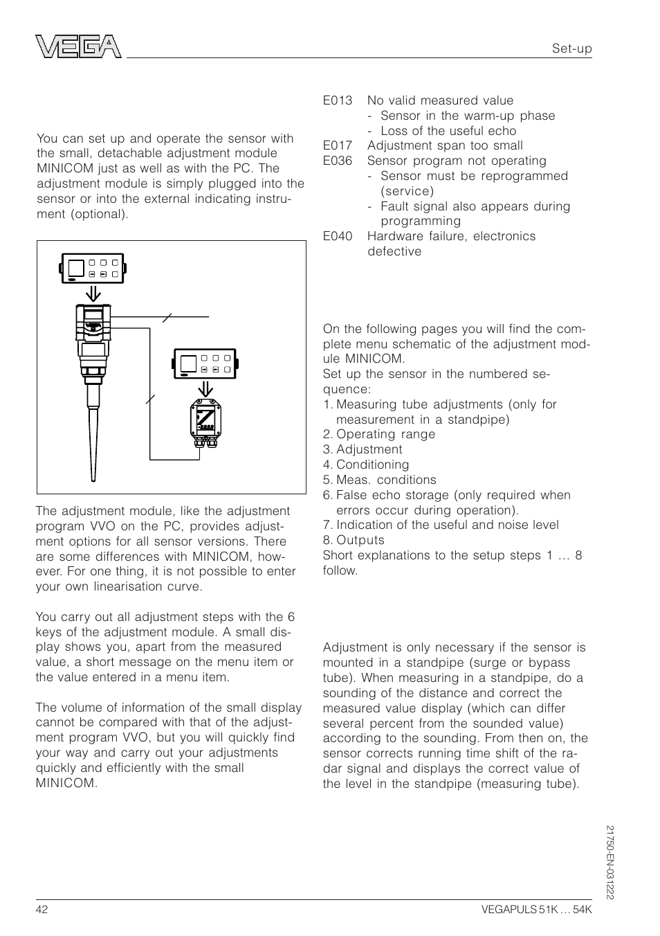 3 adjustment with adjustment module minicom, Adjustment steps, Measurement in a standpipe | VEGA VEGAPULS 51K…54K 4 … 20 mA; HART compact sensor User Manual | Page 42 / 72